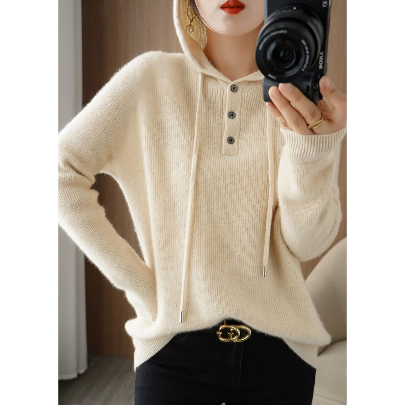 Women's Wool Hoodie - Soft Casual Long Sleeve Pullover Sweatshirt, Loose Fit Solid Color Top (Beige, Small) | Perfect for Fall Layering, Outdoor Activities & Cozy Home Wear