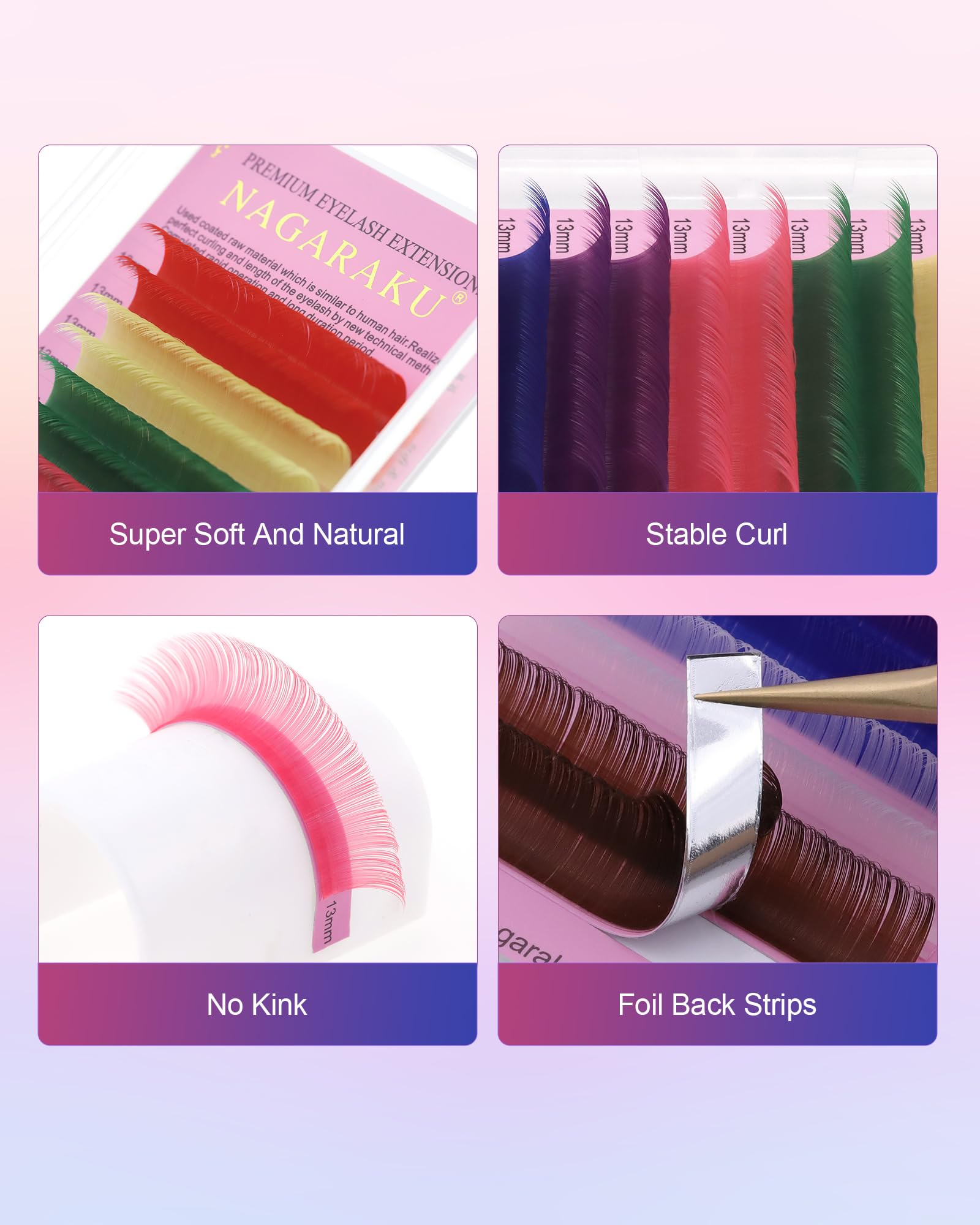 NAGARAKU 8 Colors Rainbow Eyelash Extensions - 0.15mm D Curl 13mm Individual Lashes (Purple, Blue, Pink, Brown) | Professional Salon Supplies for Stunning Eye Makeup & Party Looks