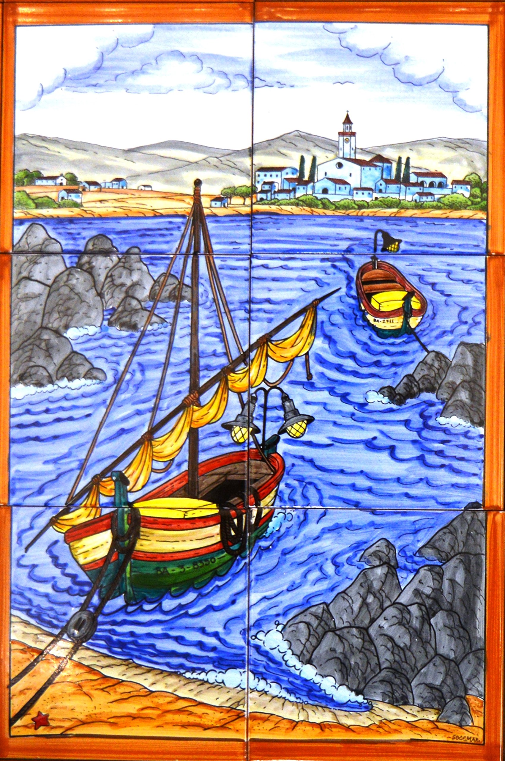 Handpainted Ceramic Mural Wall Art - Nautical Beach Scene with Boats, 11.81'' x 17.72'' - Perfect for Coastal Home Decor, Bathroom or Kitchen Wall Accent