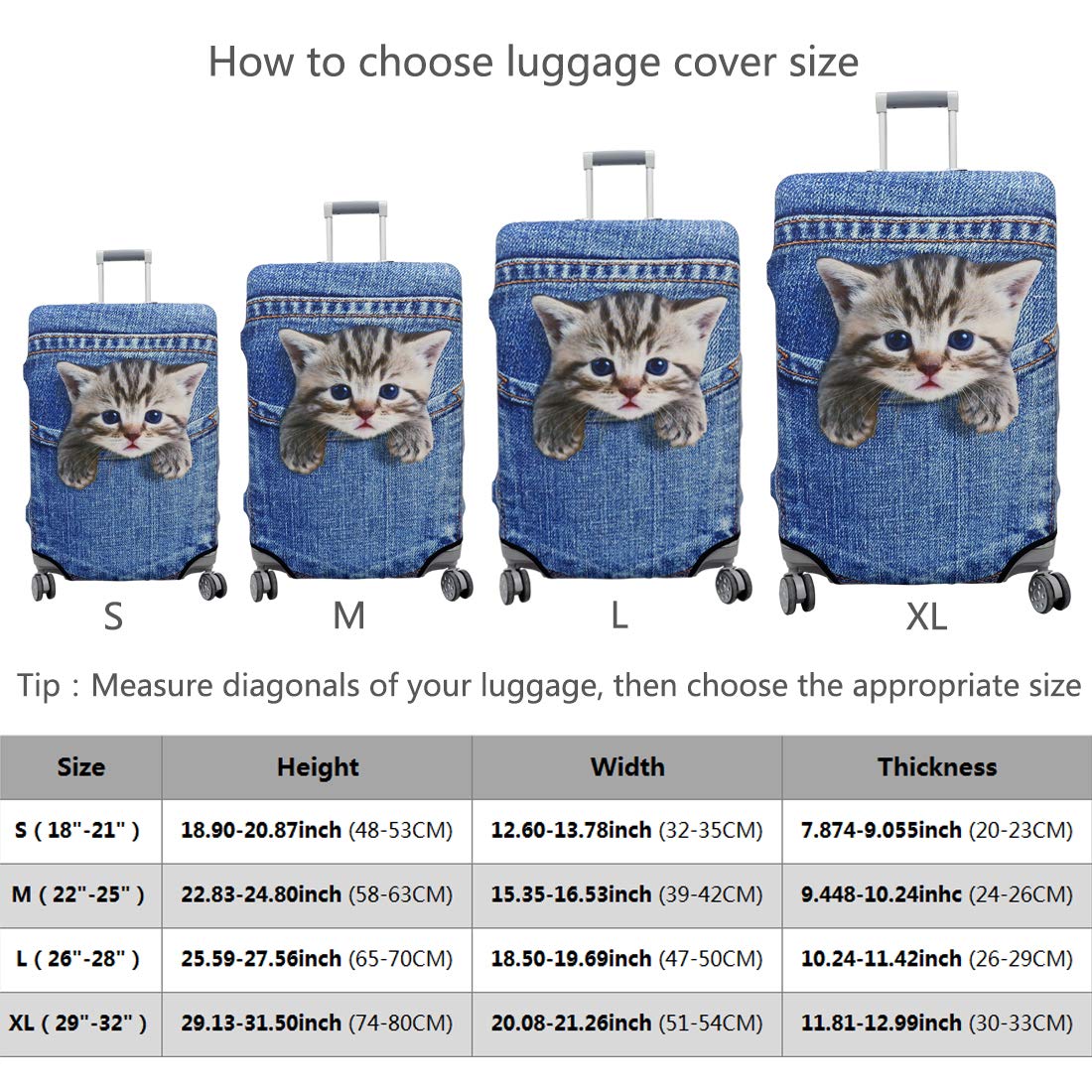 TAPE FIVE Washable Travel Luggage Cover - Thickened Spandex Protective Suitcase Cover for 18/24/28/32 Inch Bags (XL 29-32 Inch) with Storage Pocket - Perfect for Airplane Travel, Cat Lovers & Frequent Flyers
