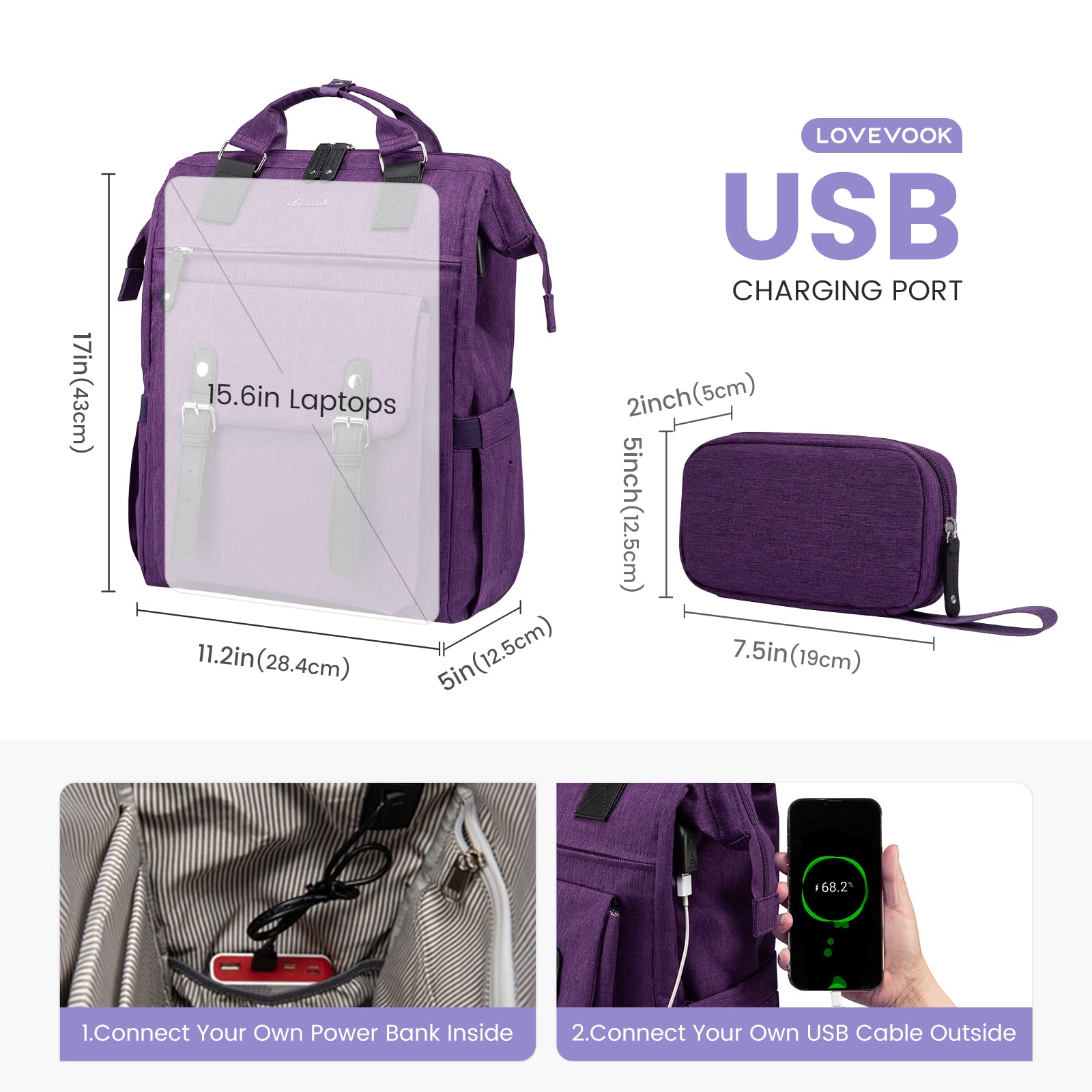 LOVEVOOK 15.6 Inch Women's Laptop Backpack with USB Charging Port - Waterproof Travel Backpack for Work, School, Nursing - Perfect for Teachers, Students & Professionals - Stylish Purple Computer Bag for Daily Commute & Business Trips