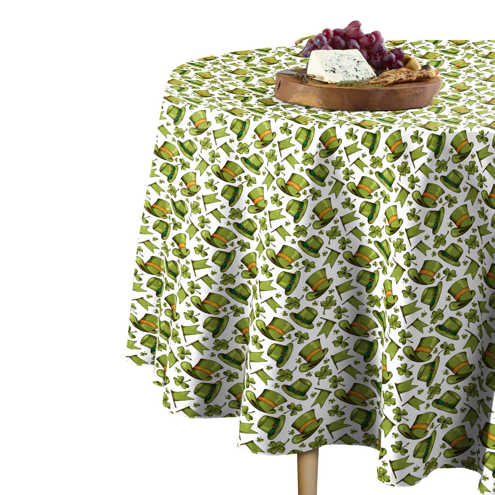 Milliken 100% Polyester Round Tablecloth - 114 Inch Machine Washable Fabric with Irish Hat, Flags & Shamrocks Design - Perfect for St. Patrick's Day, Irish Themed Parties & Home Decor