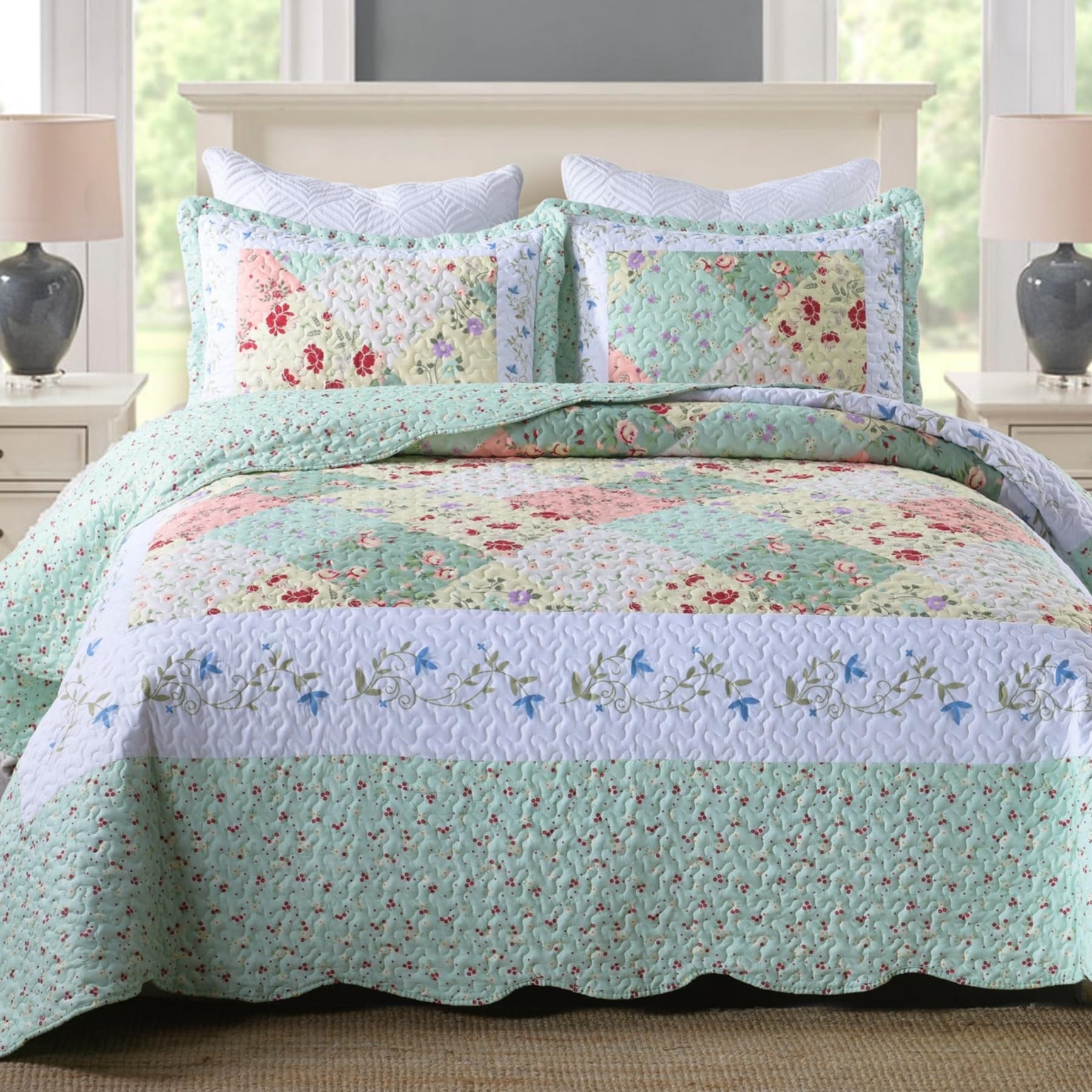 MarCielo 3-Piece Floral Printed Quilt Set - Lightweight Bedspread Coverlet Set in Romantic Green (King Size) for Master Bedroom, Guest Room & Cozy Home Decor