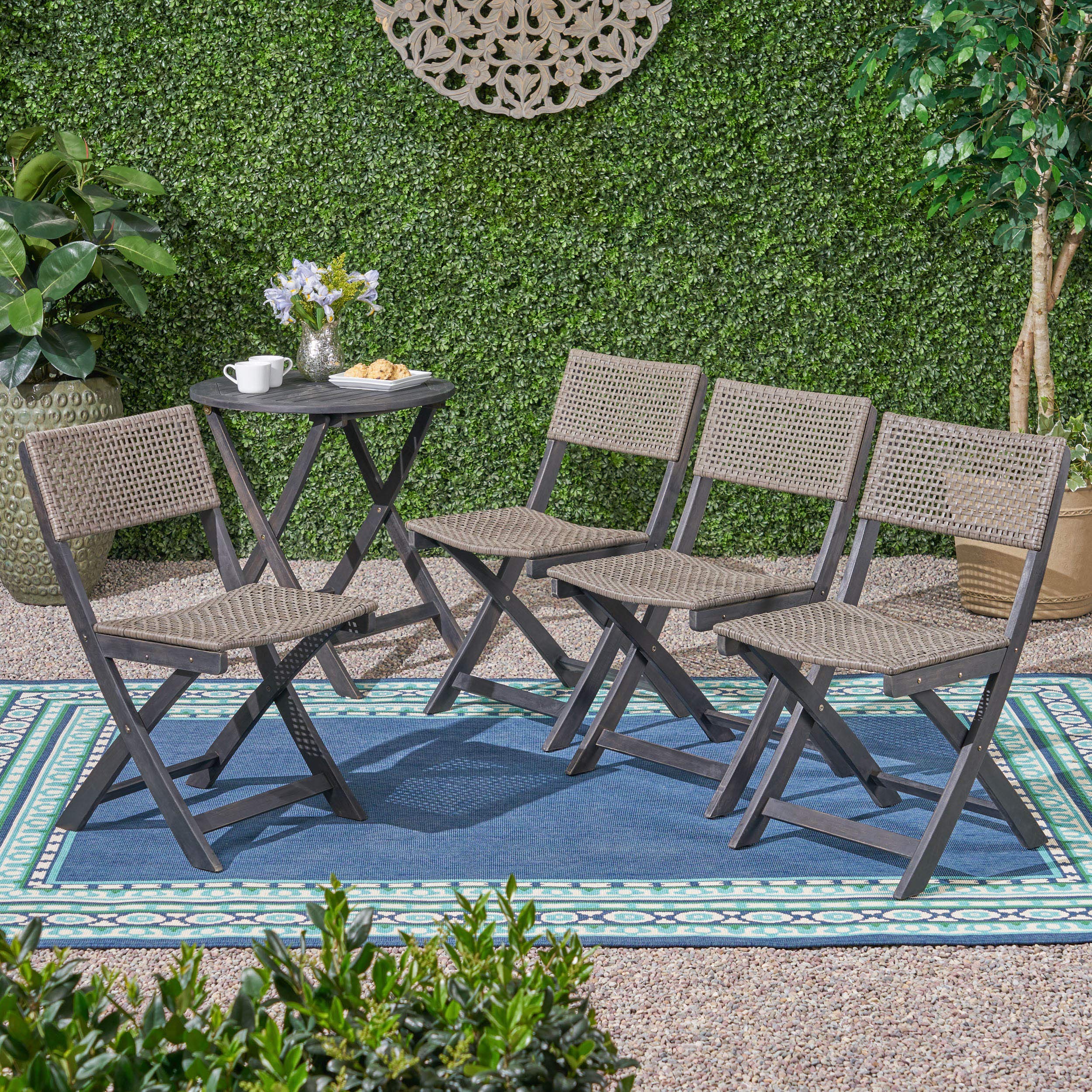 Premium Outdoor Acacia Wood Foldable Bistro Chairs with Wicker Seating (Set of 4) - Dark Gray Finish & Brown Wicker - Perfect for Patio, Garden, Cafe, and Restaurant Dining