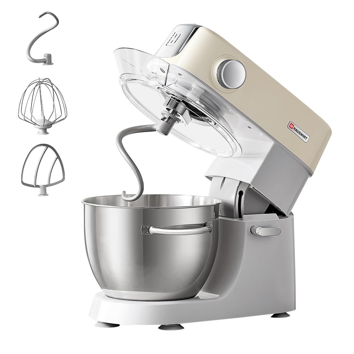 Hauswirt M5C 500W 5.4Qt Tilt-Head Stand Mixer - 8 Speed Electric Kitchen Mixer with Dough Hook, Wire Whip & Beater (Ivory White) - Perfect for Baking Bread, Cakes, Cookies & More