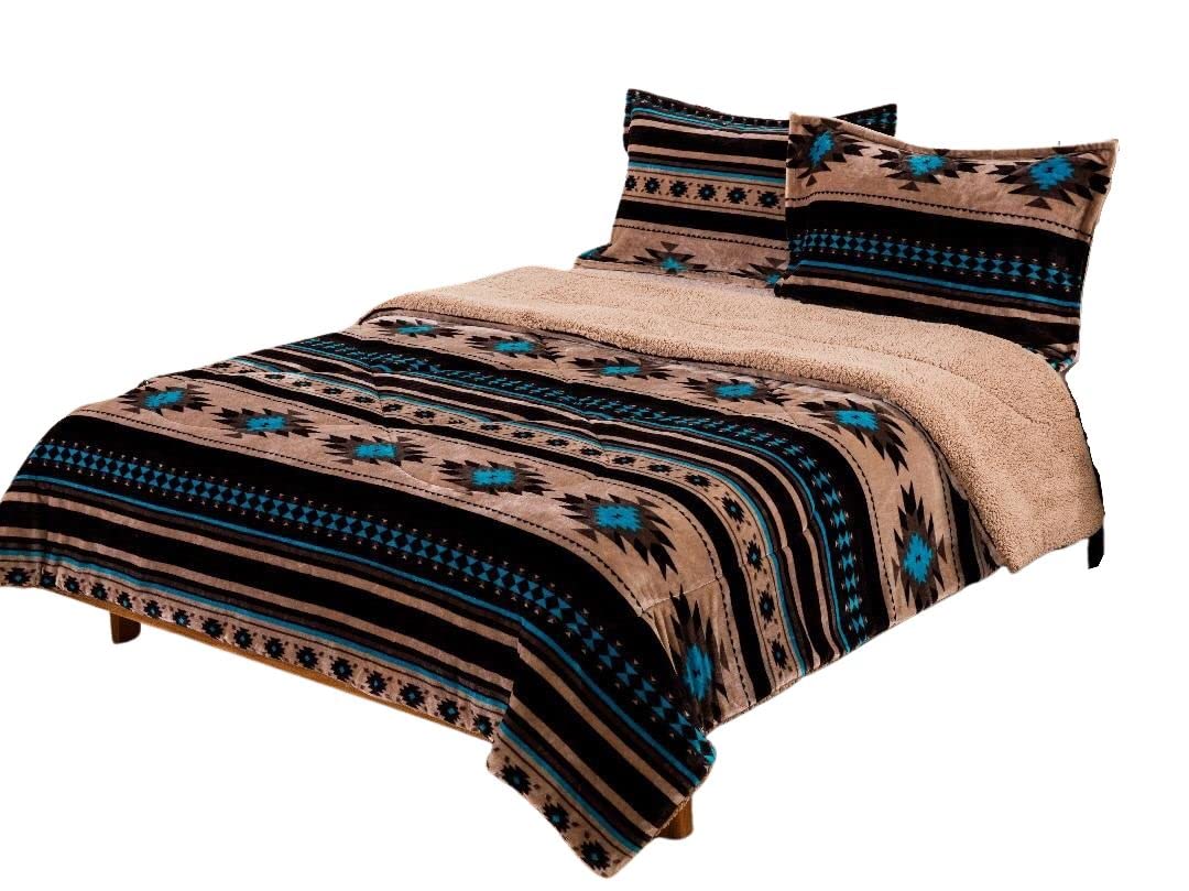 Southwest Plush Sherpa Fleece Blanket Set - 3 Piece Queen Size Soft Cozy Aztec Navajo Pattern Throw Blankets for Bed, Couch & Winter Warmth (Brown)
