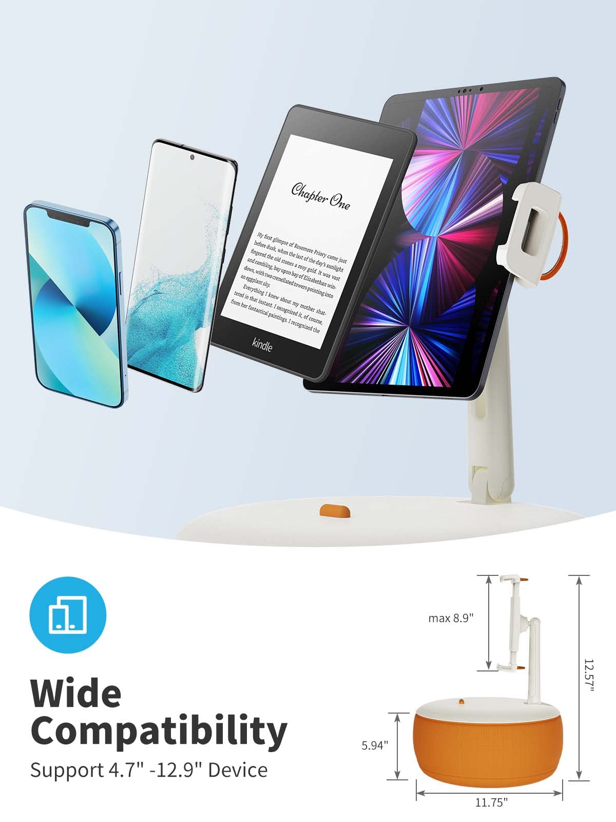 SAIJI Adjustable Tablet Stand & Phone Holder - 360° Rotating Bed Lap Pillow for iPad, Kindle, Galaxy Tab (4.7-12.9