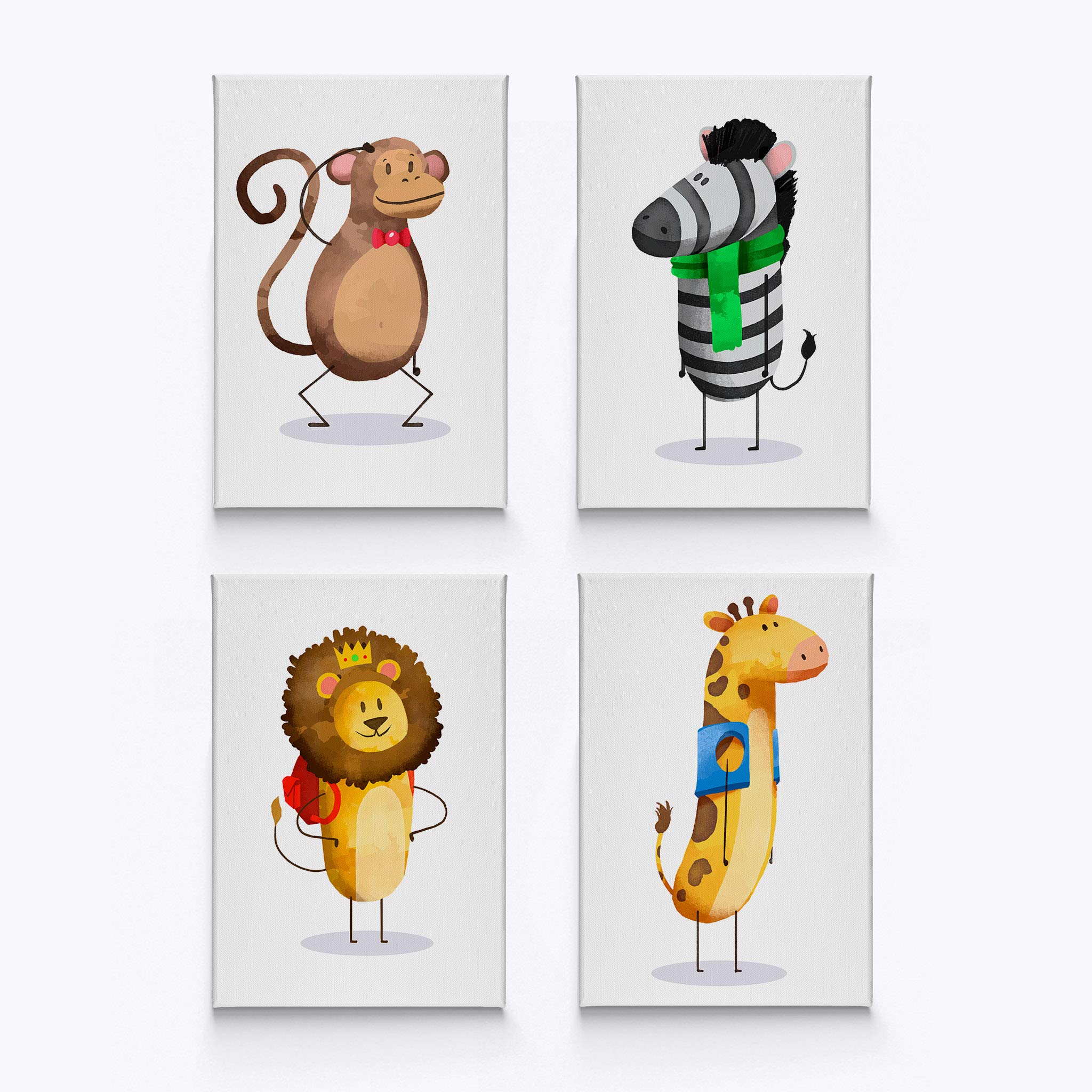 HB Art Design Monkey Zebra Lion Giraffe 4-Piece Canvas Wall Art Set - Nursery Decor for Baby Girl & Boy Rooms - Handmade in USA (36x24 Inches Each) - Perfect for Kids Bedroom, Playroom & Baby Shower Gifts