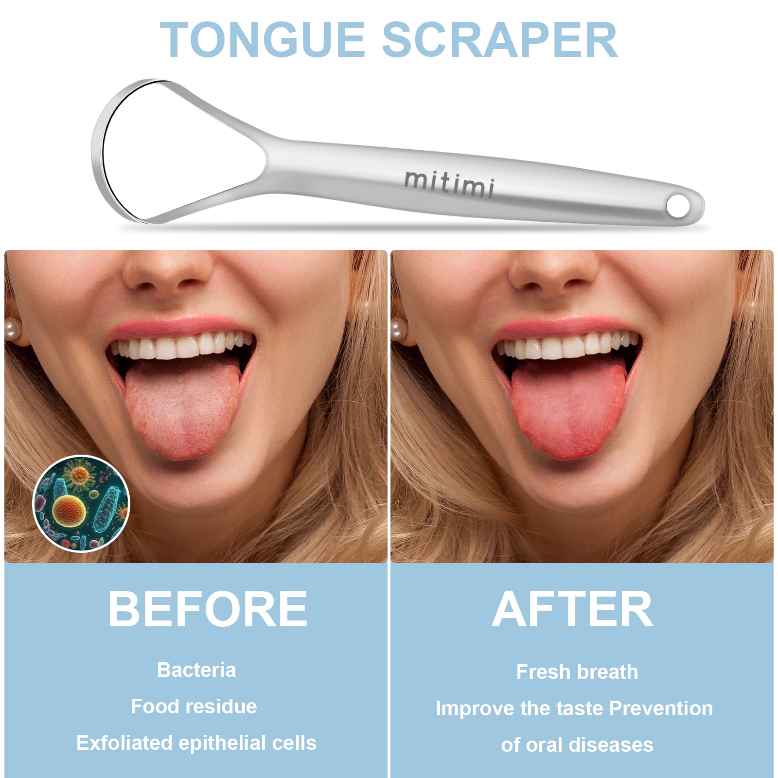Mitimi Stainless Steel Tongue Scraper (2 Pack) - 100% Surgical Grade Tongue Cleaner for Adults & Kids - Freshens Breath & Improves Oral Hygiene for Daily Use at Home or Travel