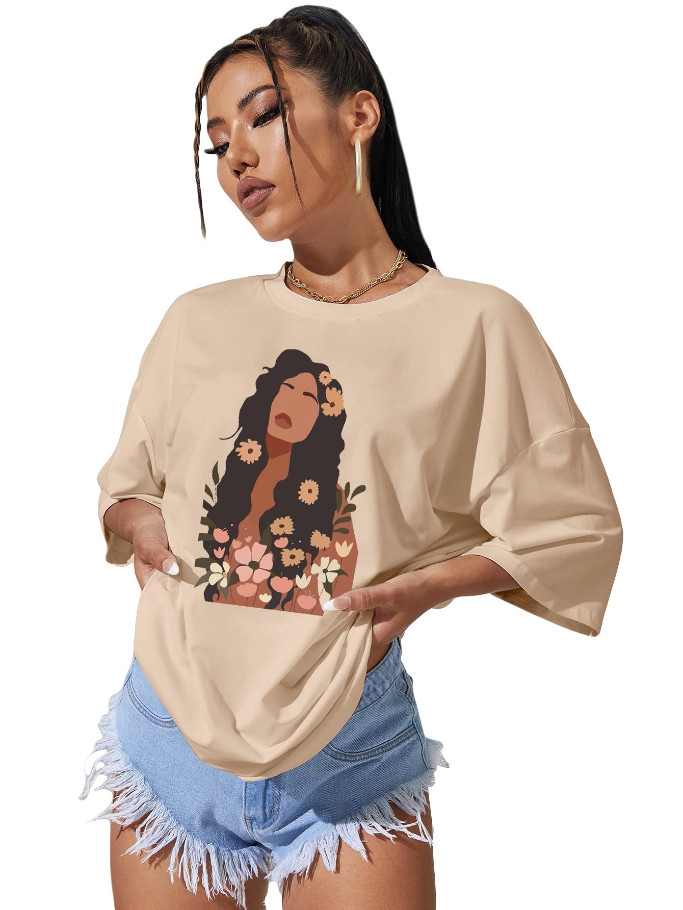 SOLY HUX Women's Oversized Graphic T-Shirt - Half Sleeve Loose Casual Tee for Summer - Fashion 2022 Apricot & White XS - Perfect for Streetwear, Beach Outfits & Casual Daily Wear