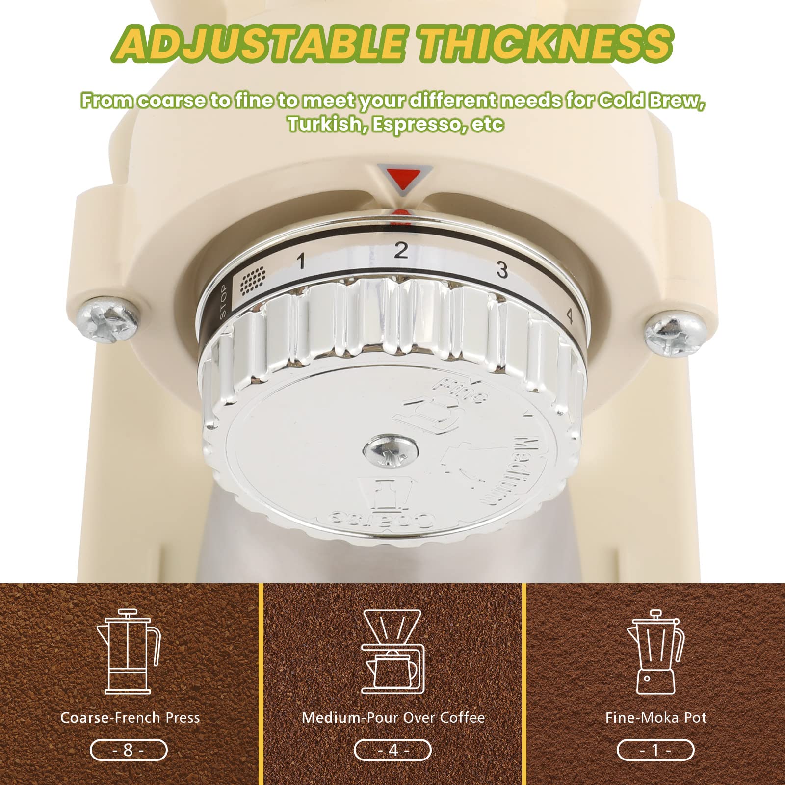 Electric Burr Coffee Grinder for Espresso - Stainless Steel with Brush, Creamy White - Perfect for Home & Office Use