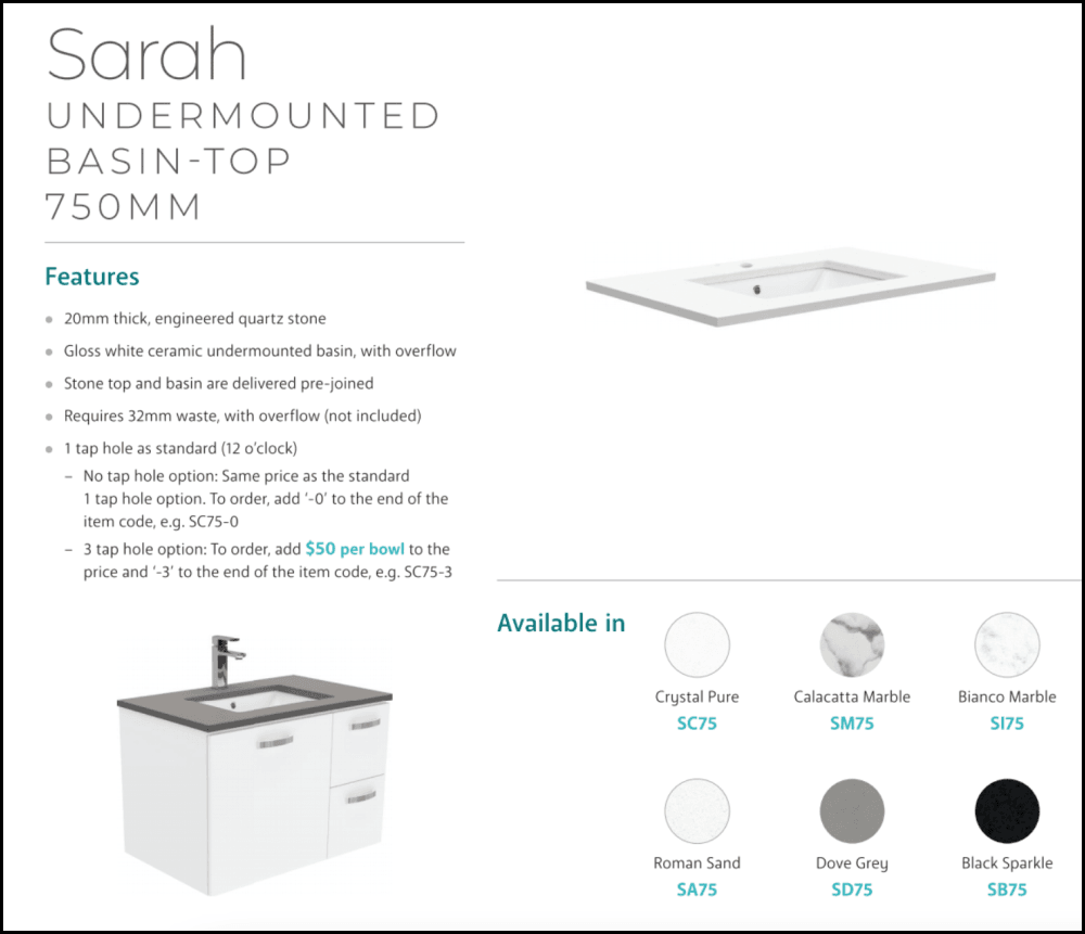 Fienza Crystal Pure SC75FL 750mm Undermount Bathroom Vanity with Stone Top - White Wall Hung Vanity Unit with Left Drawers & Fingerpull Design | Perfect for Modern Bathrooms, Powder Rooms & Small Spaces