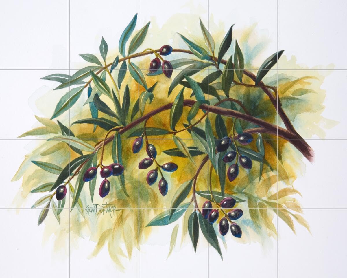 Hand-Painted Ceramic Backsplash Tile Mural - Olive Branch Design by Erin Dertner for Kitchen & Bathroom | Waterproof & Heat-Resistant Wall Decor for Modern Homes