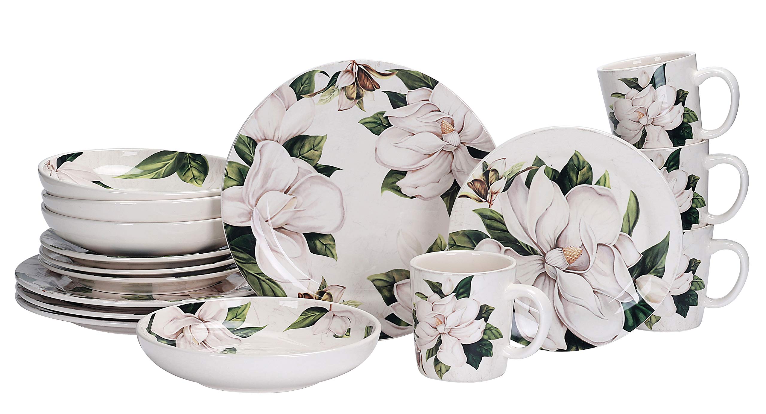 Bico Magnolia Floral Ceramic 16-Piece Dinnerware Set - Service for 4 with 11-Inch Dinner Plates, 8.75-Inch Salad Plates, 35-Oz Bowls & Mugs - Microwave & Dishwasher Safe - Perfect for Dinner Parties, Family Gatherings & Everyday Use