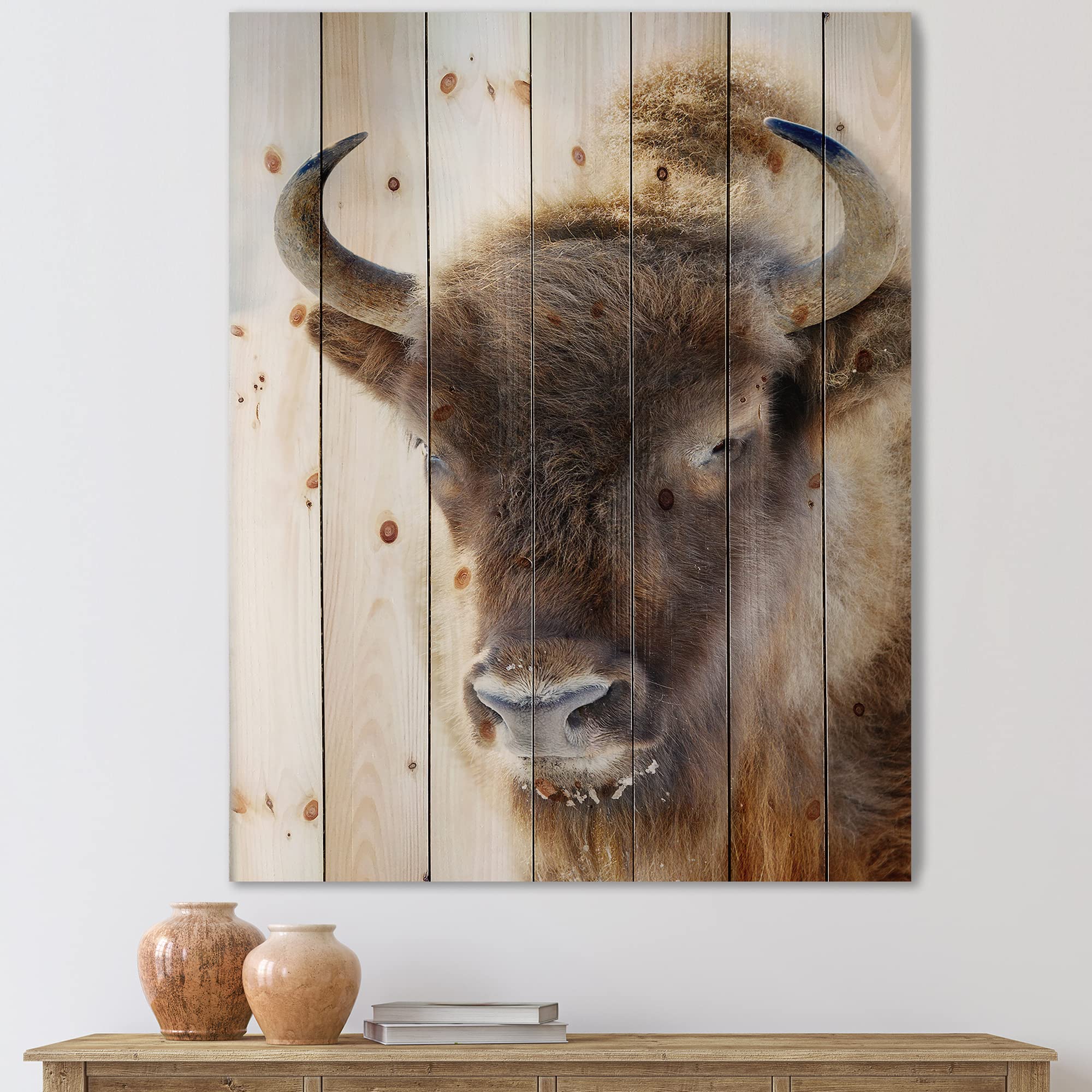 Farmhouse Wood Wall Decor - Wild Bison Portrait on Natural Pine Wood, Large Animal Wall Art Panel for Rustic Home & Cabin Decor | Perfect for Living Room, Bedroom, or Office
