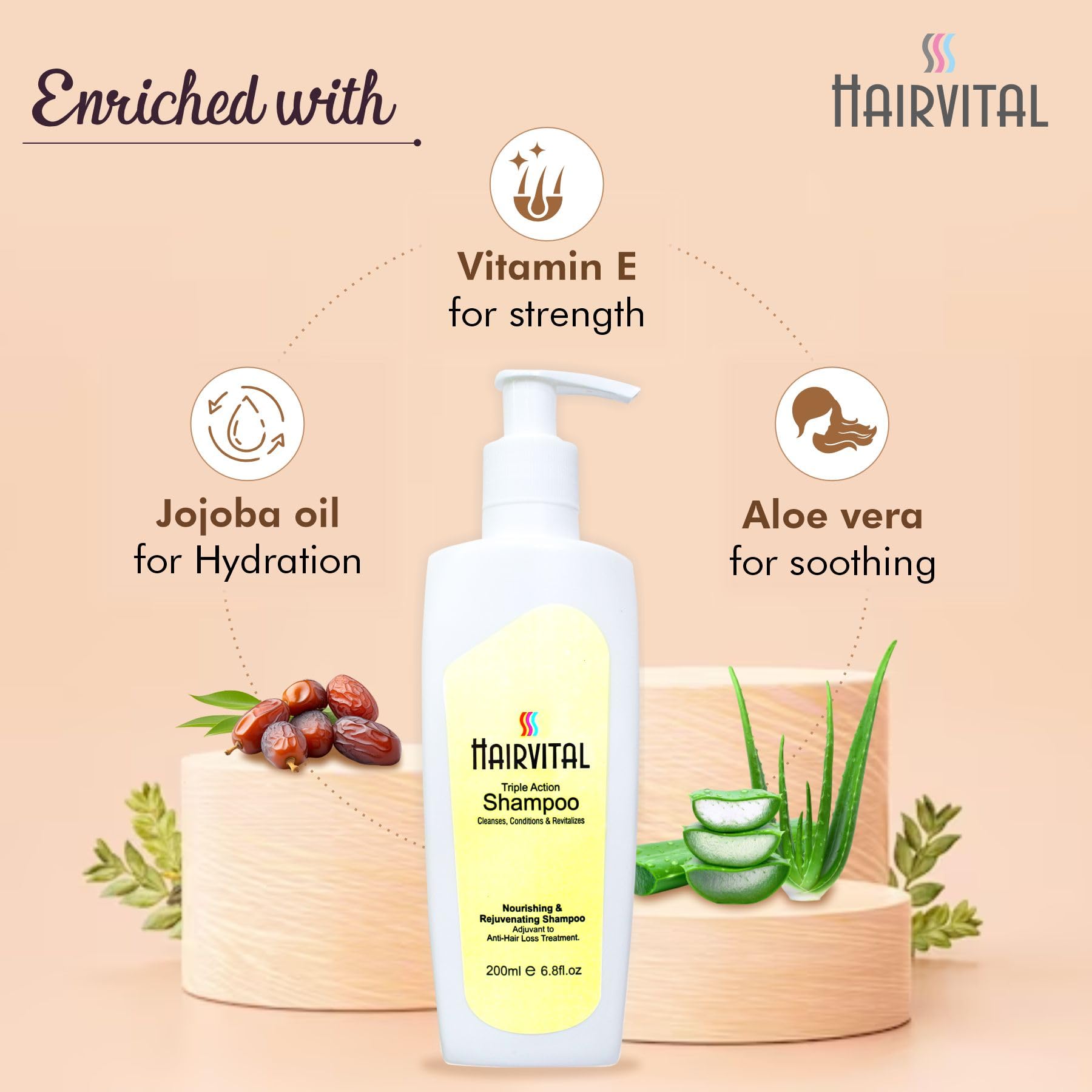 Hairvital Triple Action Shampoo with Aloe Vera, Jojoba Oil & Vitamin E - 200ml | Nourishing & Hydrating for Dry, Damaged Hair | Daily Use for Soft, Shiny & Healthy Hair