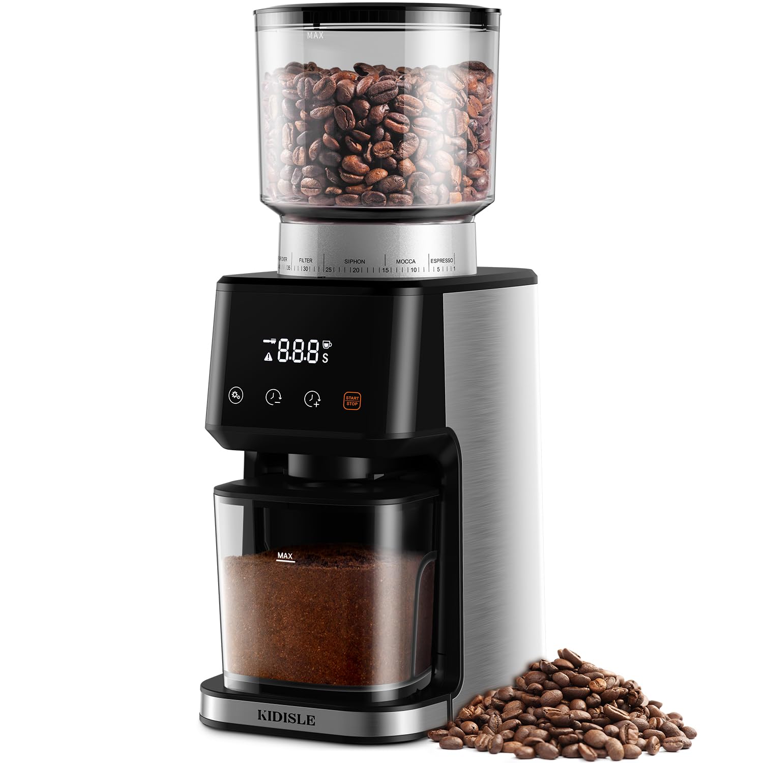 Premium Electric Espresso Coffee Grinder with Conical Burr - 51 Precise Settings & Digital Timer for Perfect Brew | Brushed Stainless Steel | Ideal for Home Baristas & Coffee Enthusiasts | Perfect for French Press, Pour Over & Espresso Machines