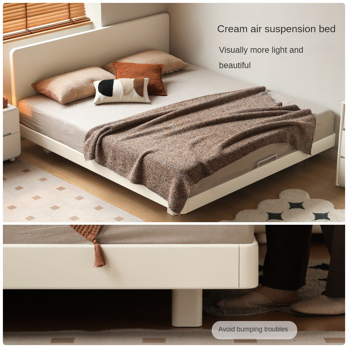 Modern Simple Cream Style Poplar Solid Wood Bed - Queen Size, Sturdy & Elegant for Master Bedroom, Guest Room, or Dormitory