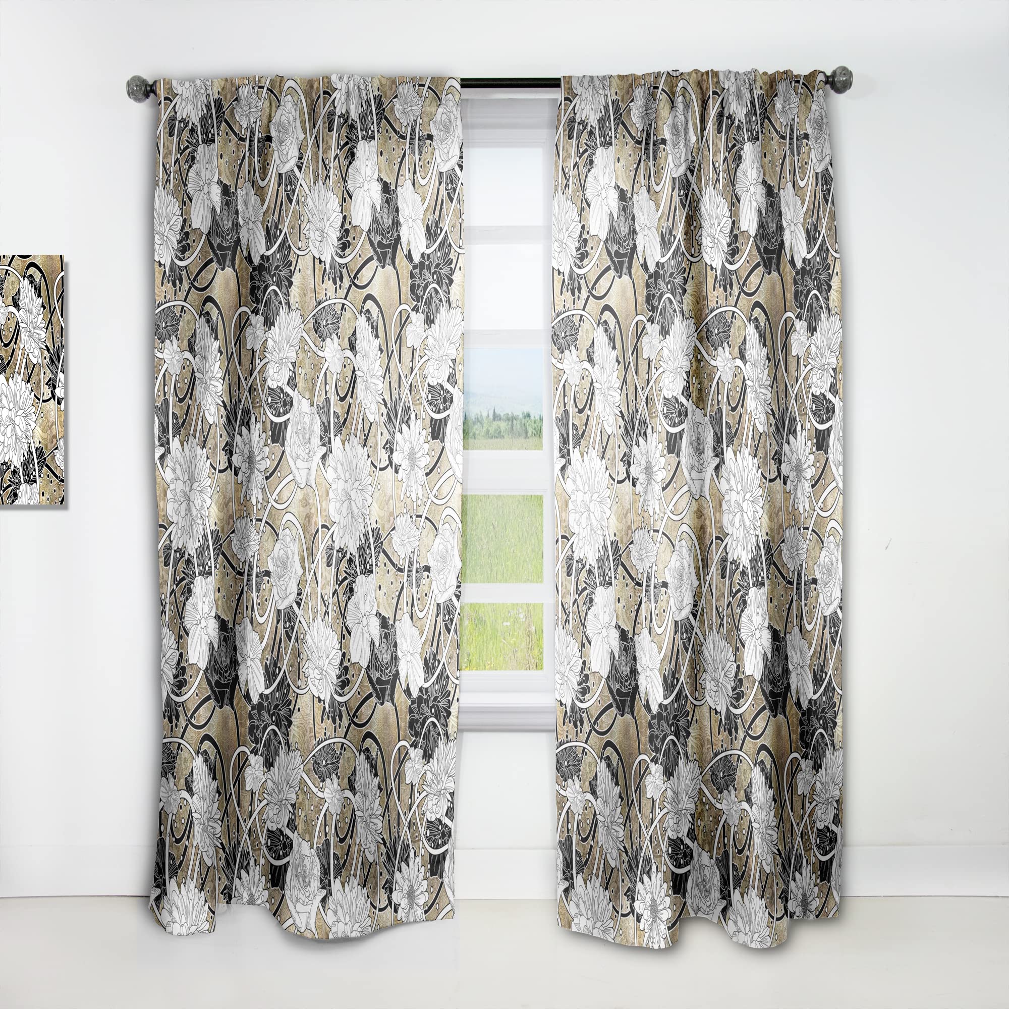 White Floral Black Rose Brown Curtains - Thermal Insulated Single Panel 52x108 - Elegant Window Treatments for Bedroom & Living Room Decor