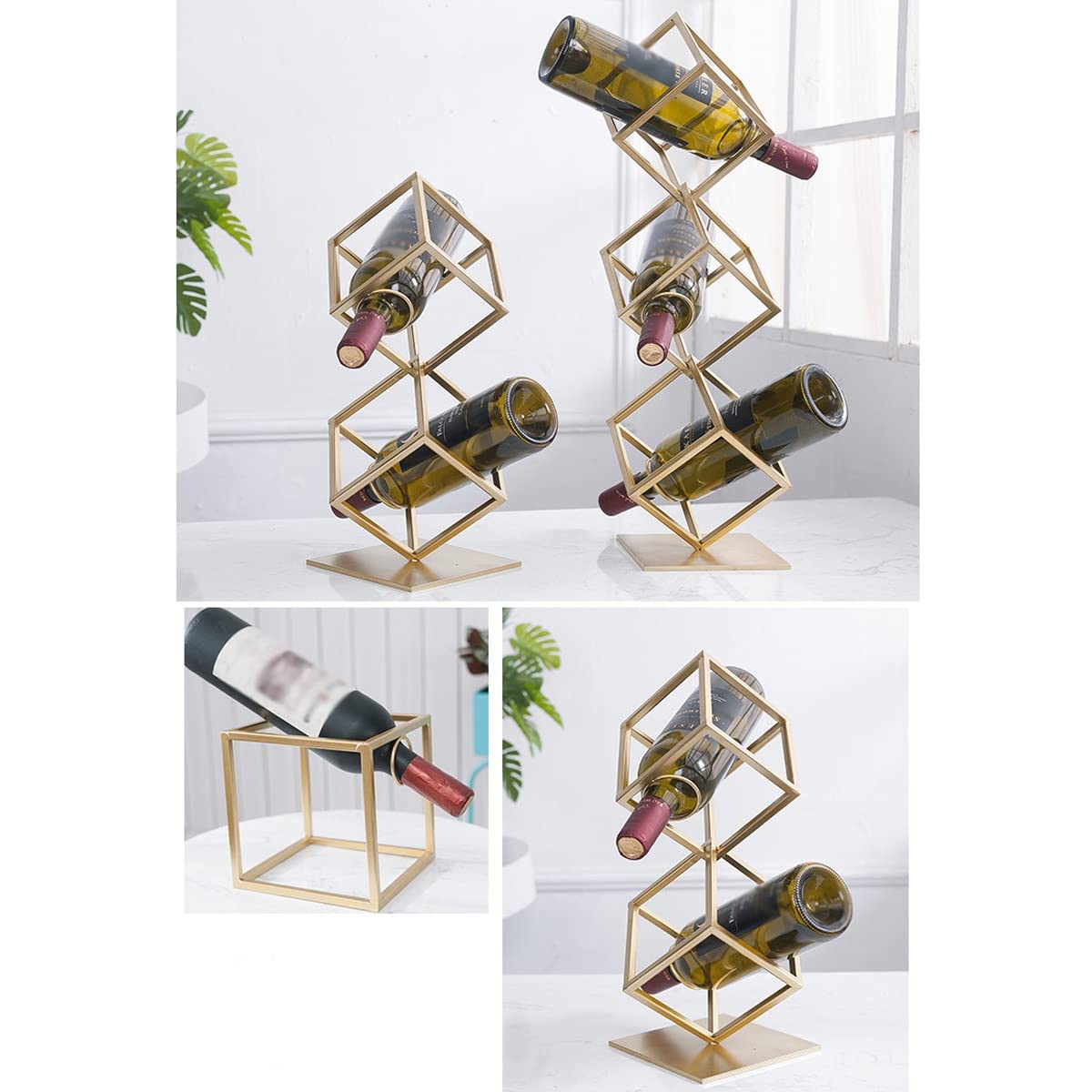 SEFAX Small Metal Wine Rack - Modern Geometric Countertop Wine Bottle Holder for Kitchen, Bar & Dining Room Storage | Compact Space-Saving Design for 6-8 Bottles