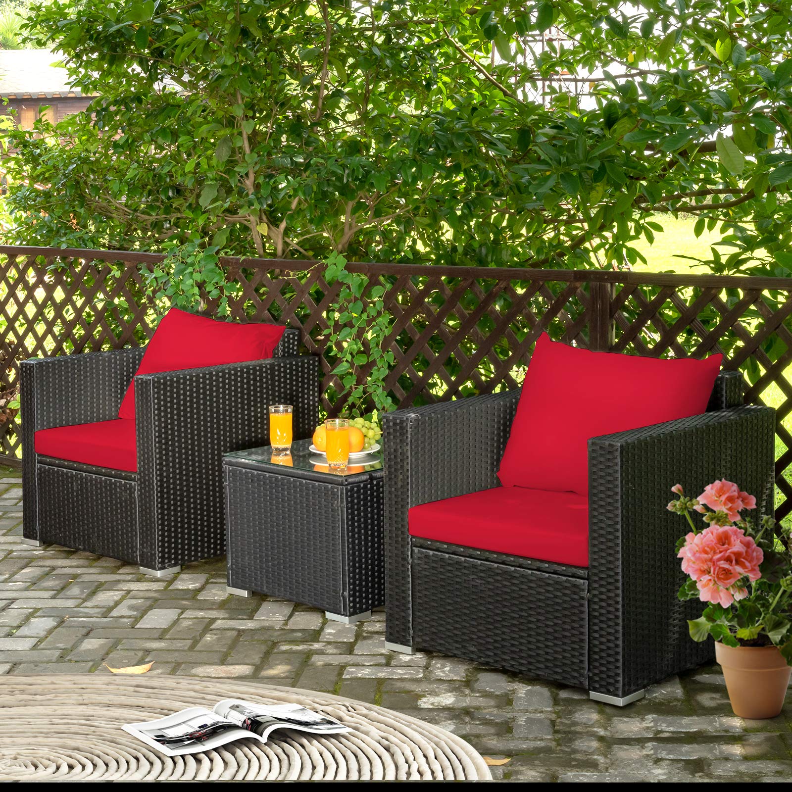 Tangkula 3-Piece Outdoor Patio Furniture Set - PE Rattan Wicker Sofa with Washable Cushions & Tempered Glass Table - Garden, Poolside, Backyard Conversation Set (Red) | Perfect for Outdoor Relaxation, Entertaining Guests, and Lounging by the Pool