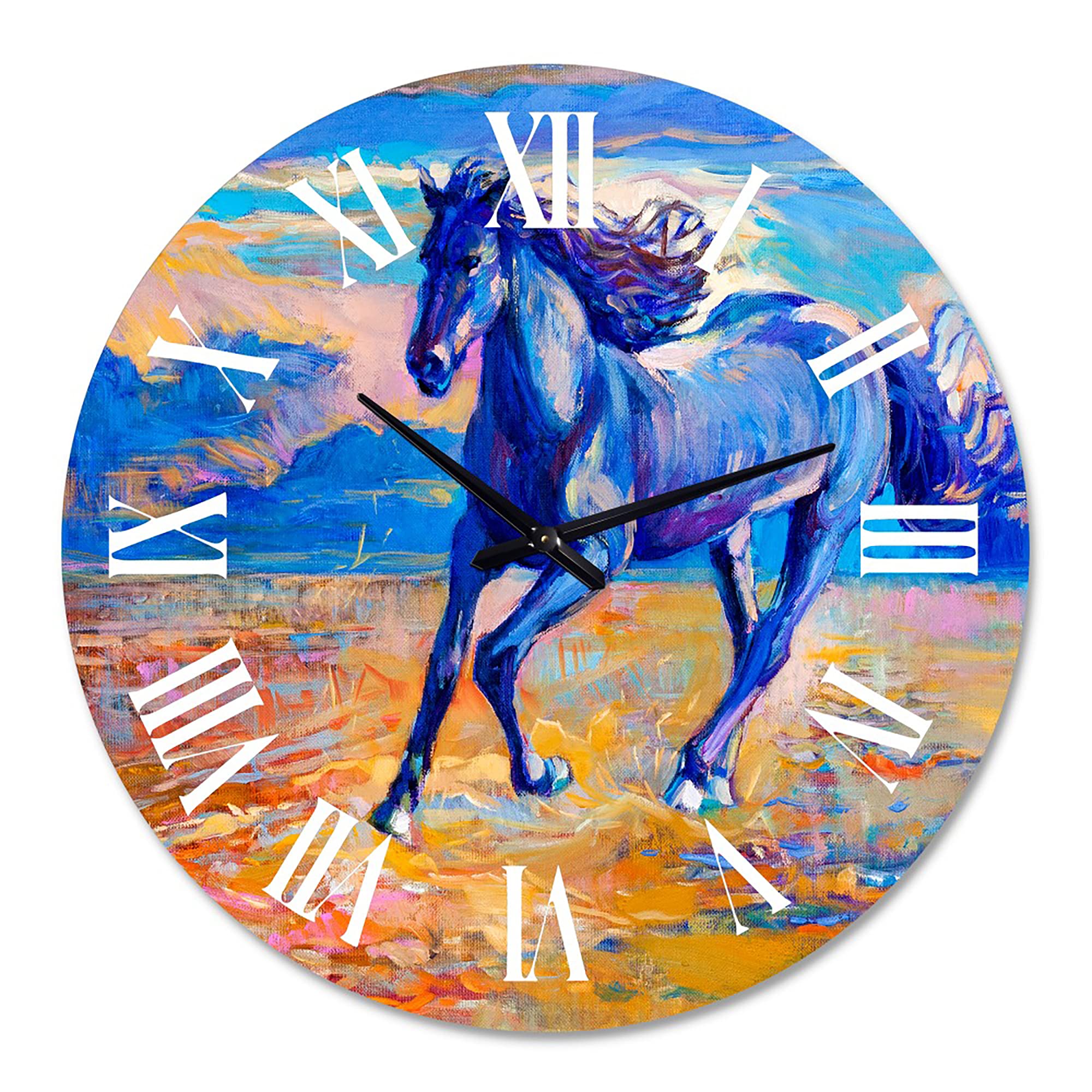 Farmhouse Wall Clock - Large Blue Horse Galoping Over Prairie Design, Rustic Animal Wall Decor for Kitchen, Living Room, Bedroom & Office | Perfect Country Home Decoration