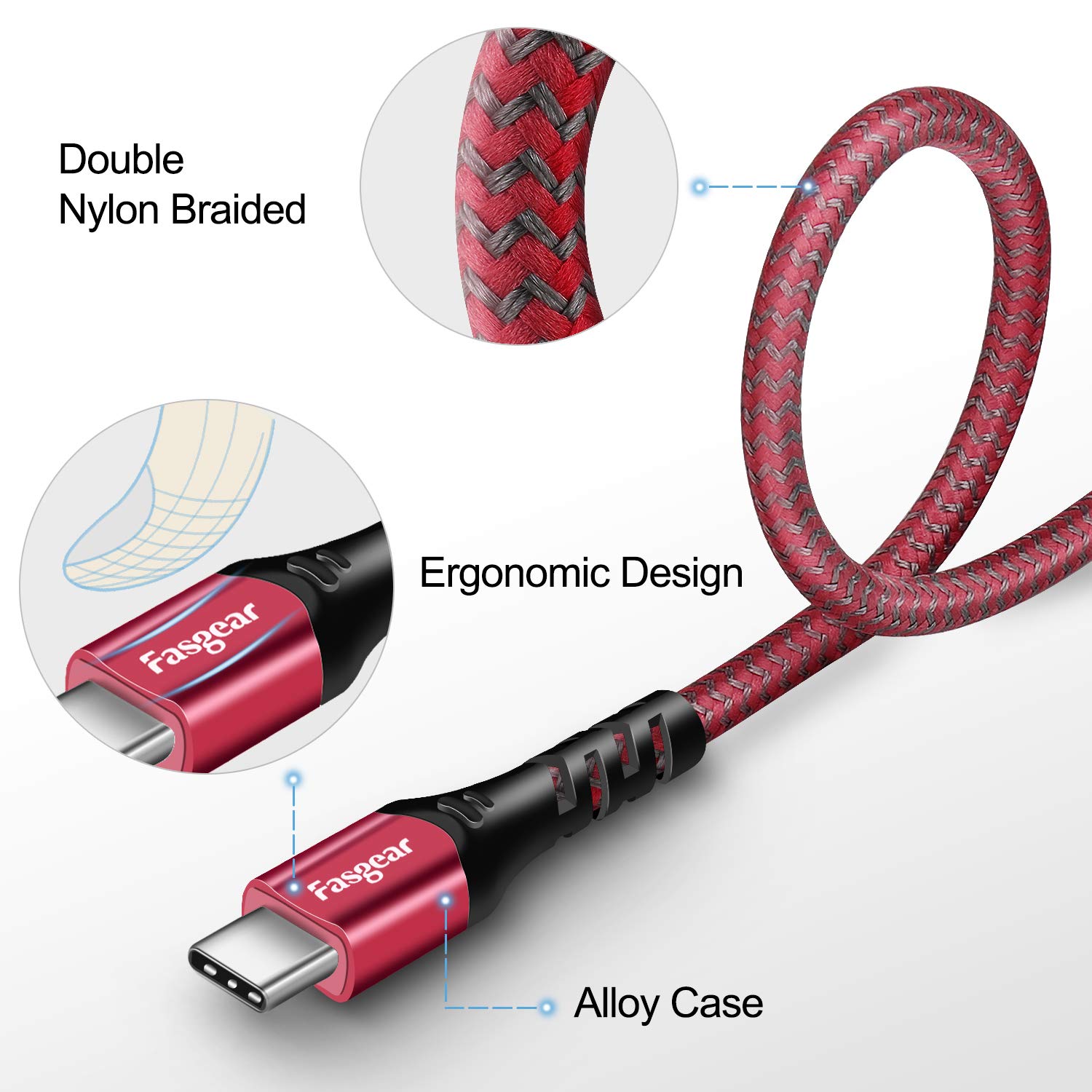 Fasgear 6ft USB A to USB C Cable - 3A Fast Charging Nylon Braided Cord for PS5 Controller, iPad 10th, Samsung Galaxy S23/S22/S21/Note 10, Moto G7, LG USB-C Phones - Red | Perfect for Gaming, Travel & Home Charging