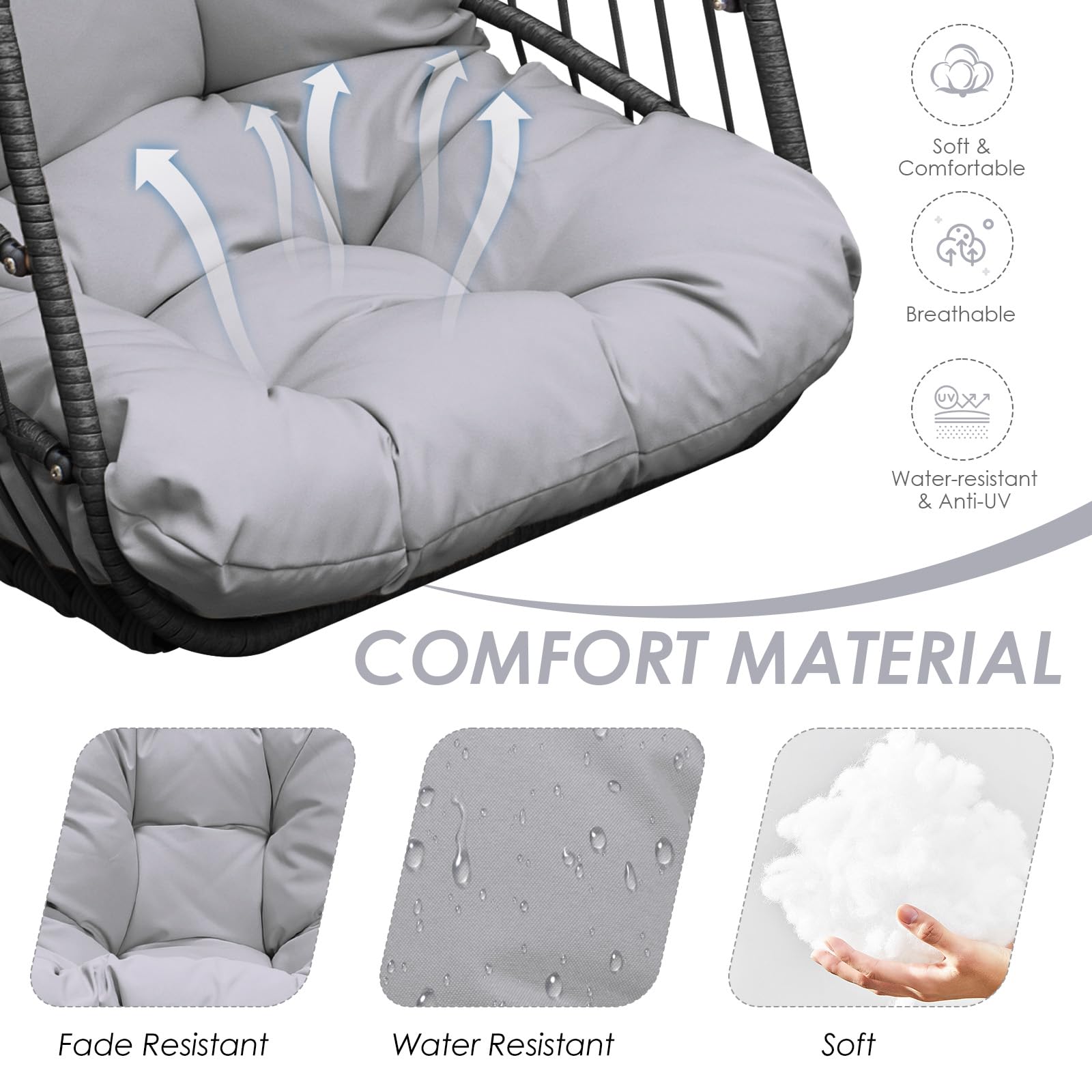 Foldable Hanging Egg Chair Without Stand - Rattan Swing Chair with Cushion & Pillow - Indoor/Outdoor Wicker Hammock Chair for Bedroom, Patio, Garden (Gray) - Perfect for Relaxing, Reading & Lounging