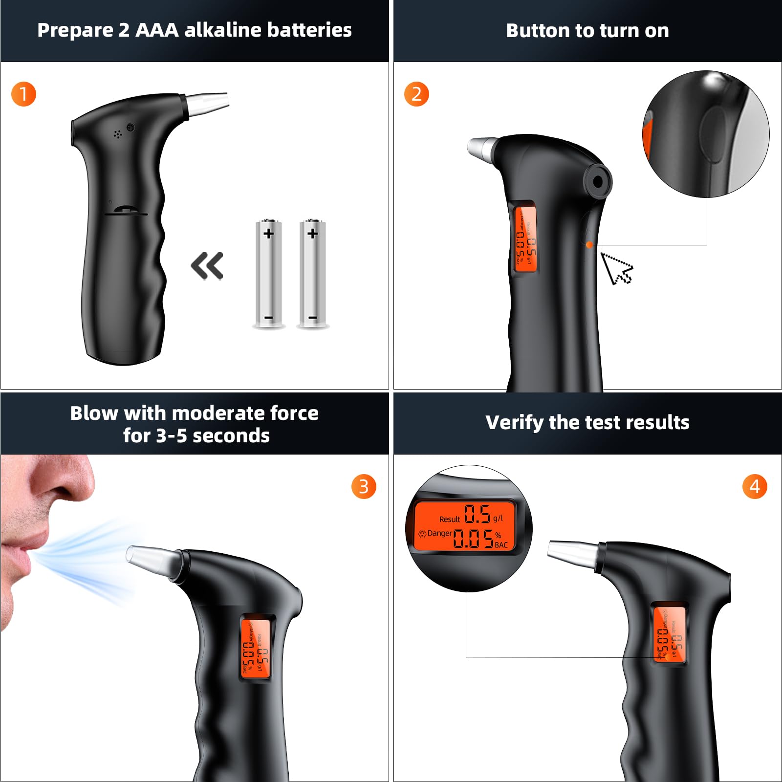 Portable Alcohol Breathalyzer Tester - Compact Personal & Professional Use with Orange LCD Digital Display & 10 Reusable Mouthpieces | Perfect for Home, Office, Parties, and Road Safety Checks