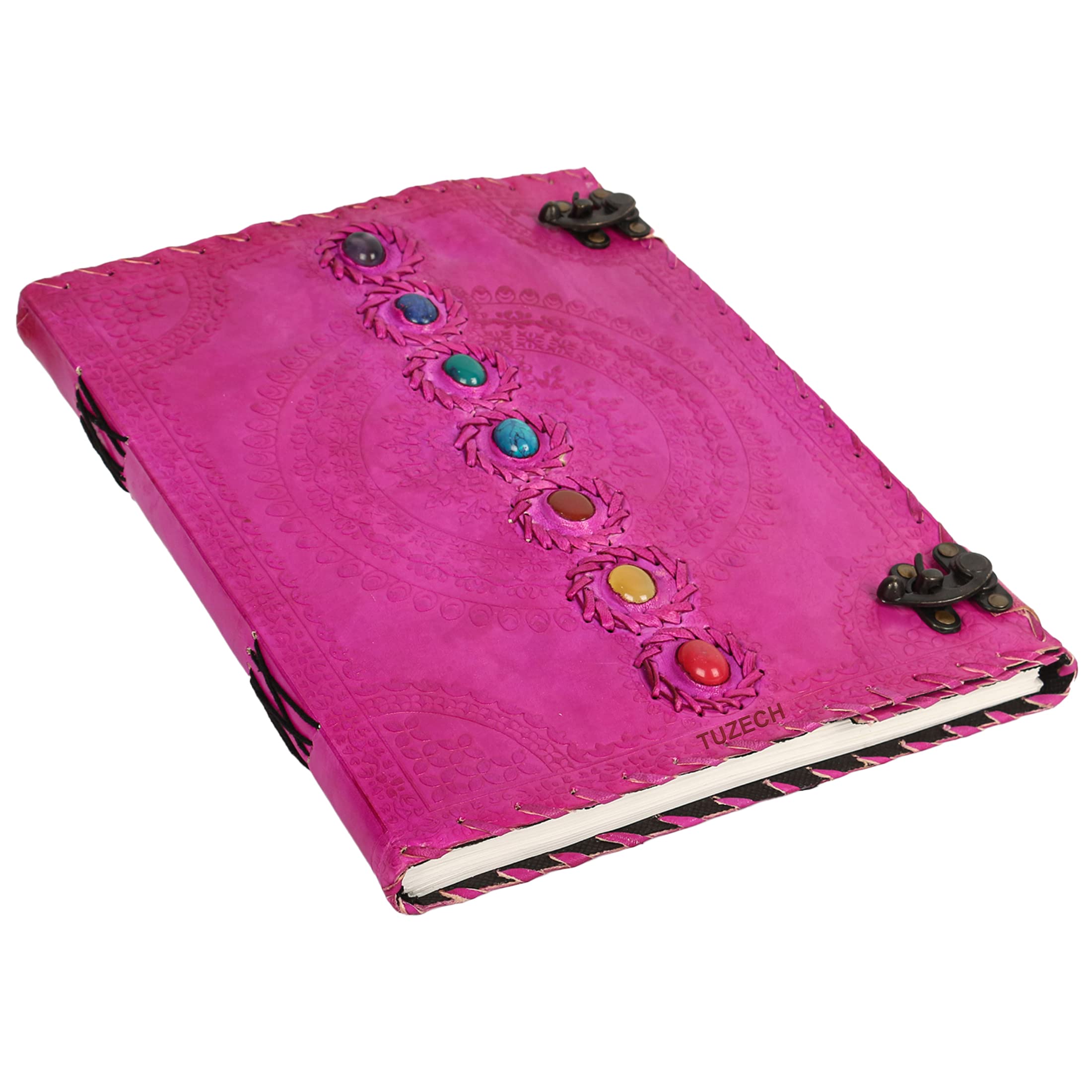 TUZECH Seven Chakra Medieval Stone Embossed Handmade Jumbo Leather Journal - 18 Inch Pink Book of Shadows Notebook for Wicca, Office Diary, College Poetry & Sketching - Perfect for Gift Giving & Spiritual Practice