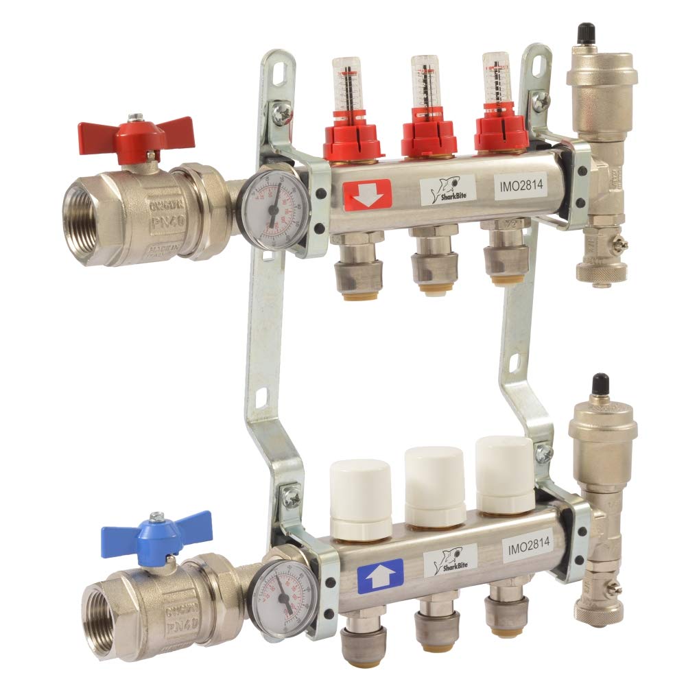 SharkBite 3 Loop Radiant Heating Manifold - Push to Connect Brass Plumbing Fitting for PEX Pipe & PE-RT (Model 24930) - Perfect for Hydronic Heating Systems & Underfloor Heating Installations