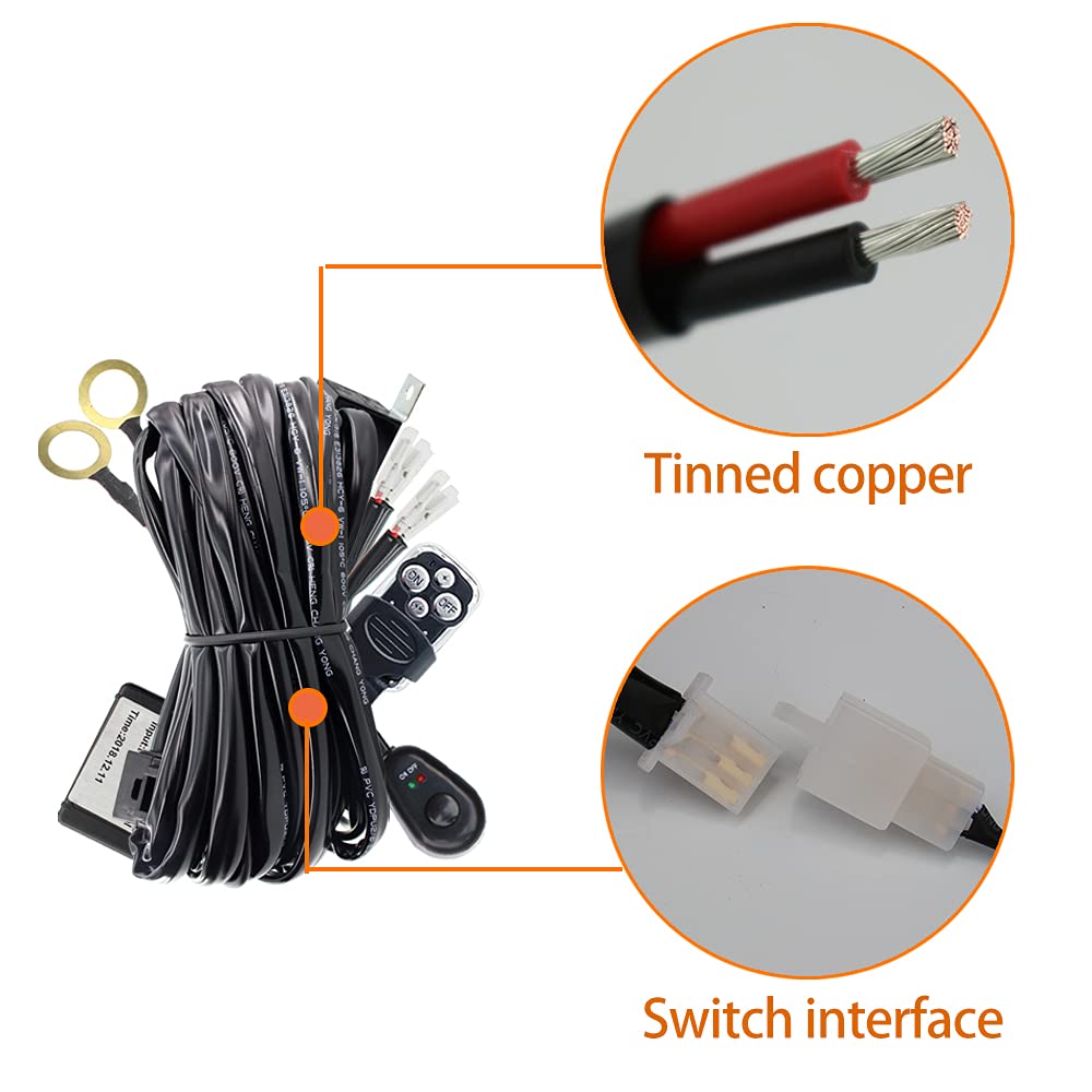 12V 40A LED Light Bar Wiring Harness Kit with Remote Switch & Relay - 14AWG Core Cable, 2 Leads - Perfect for Car Fog Lights, Off-Road Driving Lights, Work Lights & Truck Light Bars