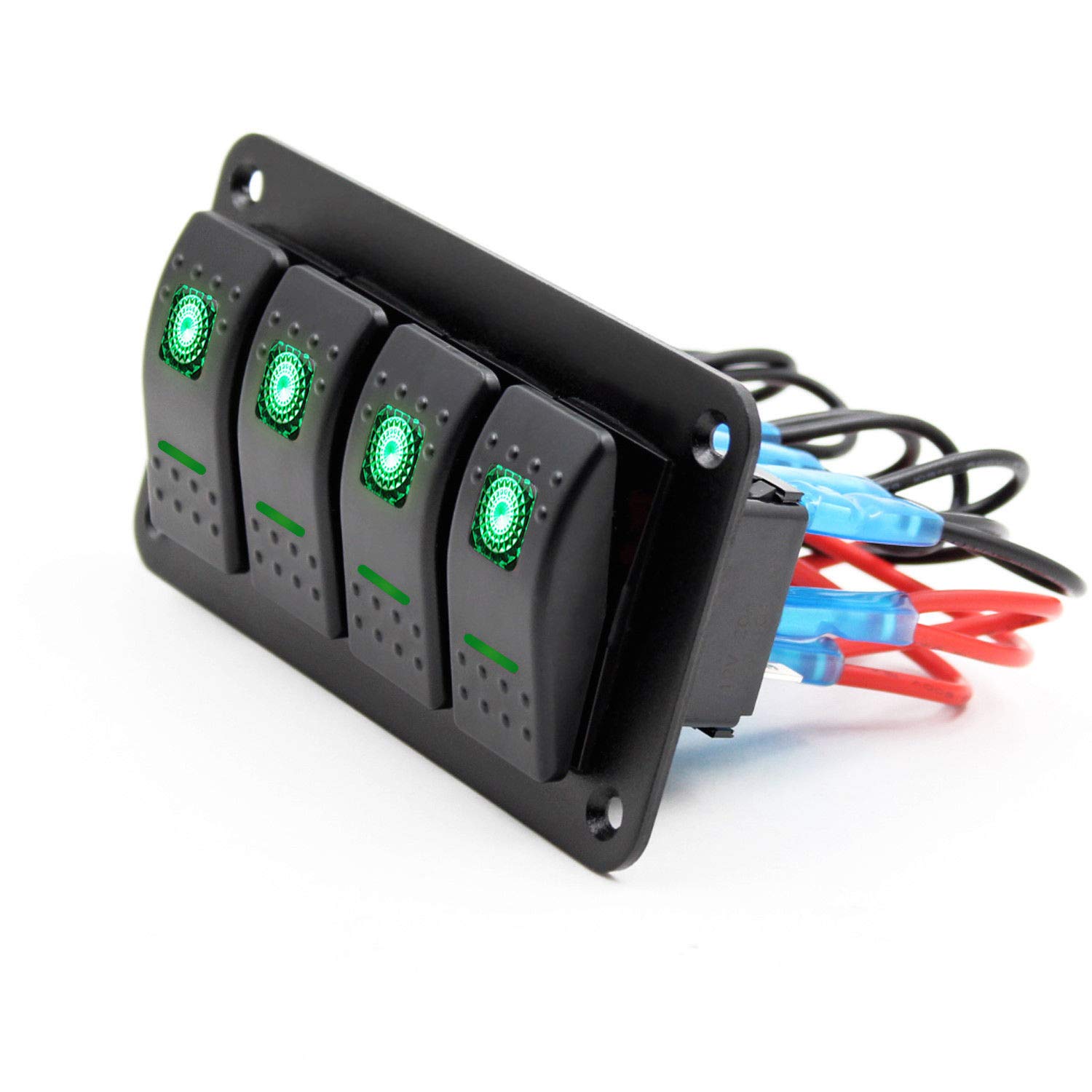 4 Gang Green Rocker Switch Panel - 12V Waterproof On/Off Toggle Switch for Trucks, Marine Boats, RVs & Cars - Perfect for Light Bars, Off-Road Vehicles & Custom Electrical Systems