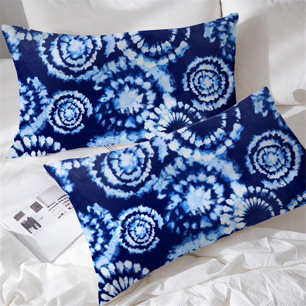 BlessLiving Indigo Blue Tie Dye Pillow Cases - 2 Piece King Size Bohemian Pillow Protector Covers with Circle Pattern for Bedroom Decor, Boho Chic Home Accessories | Perfect for Hippie Style Bedding, Living Room Throw Pillows & Guest Room Decor