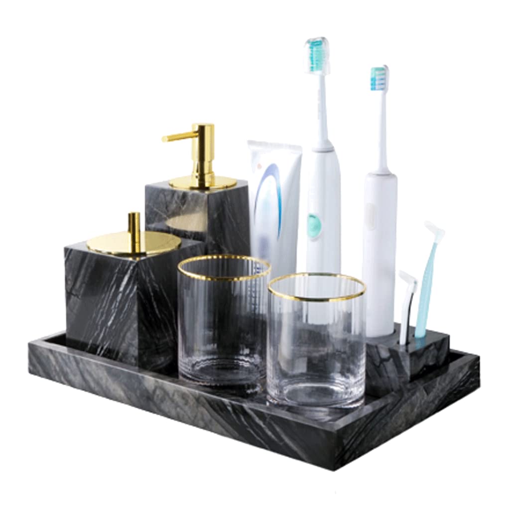 Zijun 4-Piece Marble Bathroom Accessories Set - Wood Texture Soap Dispenser, Toothbrush Holder & Wash Set for Modern Bathroom Decor | Perfect for Guest Bathrooms, Master Suites & Spa-Style Vanities