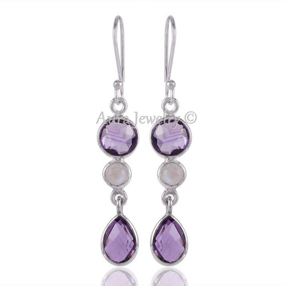 925 Sterling Silver Dangle Earrings for Women - February Birthstone Amethyst & Moonstone Bezel Set Earrings | Hypoallergenic Handmade Jewelry | Perfect Christmas Gift, Birthday Present & Special Occasion Accessory