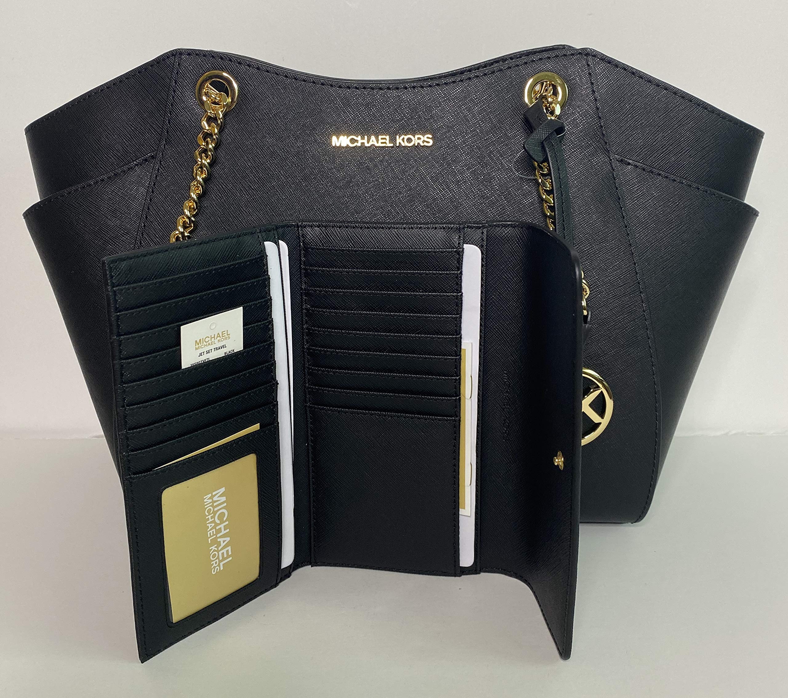 Michael Kors Jet Set Travel Large Chain Shoulder Tote Bag & Matching Trifold Wallet Set | Premium Leather Handbag for Women | Perfect for Work, Travel & Everyday Use
