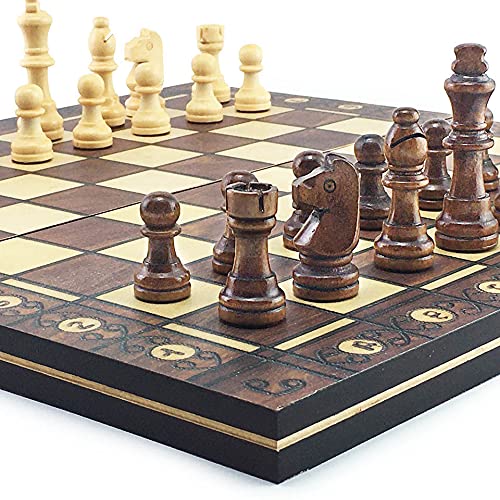 Premium Magnetic Wooden Travel Chess Set - 3-in-1 Folding Board with Chess, Backgammon & Checkers - 34x34cm Portable Game Set for Adults & Kids - Perfect for Travel, Camping, Family Game Nights & Office Breaks