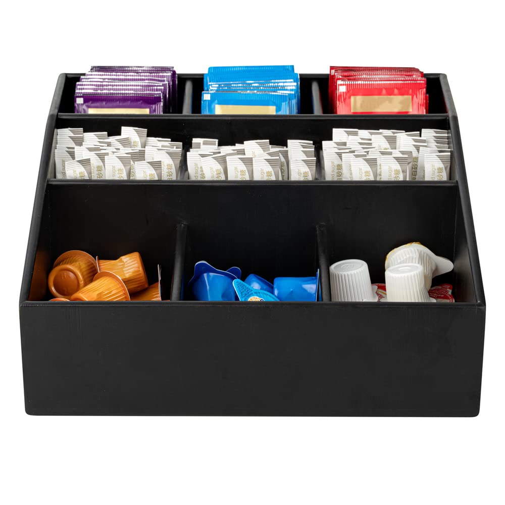 11.75 x 5.5 Inch Black Bamboo Coffee Condiment Organizer with 9 Compartments - Break-Resistant Creamer Caddy for Sugar Packets & Coffee Accessories | Perfect for Restaurants, Cafes & Home Kitchen Countertop Organization