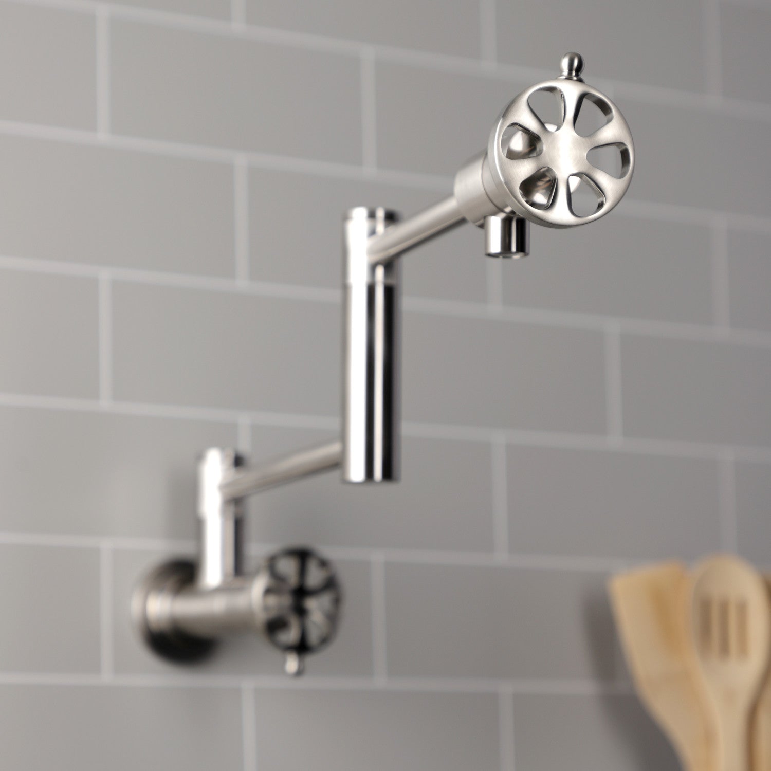 Belknap KS4108RX Brushed Nickel Two Handle Wall Mount Pot Filler Faucet - Perfect for Kitchen Sink, Stove & Cooking Area