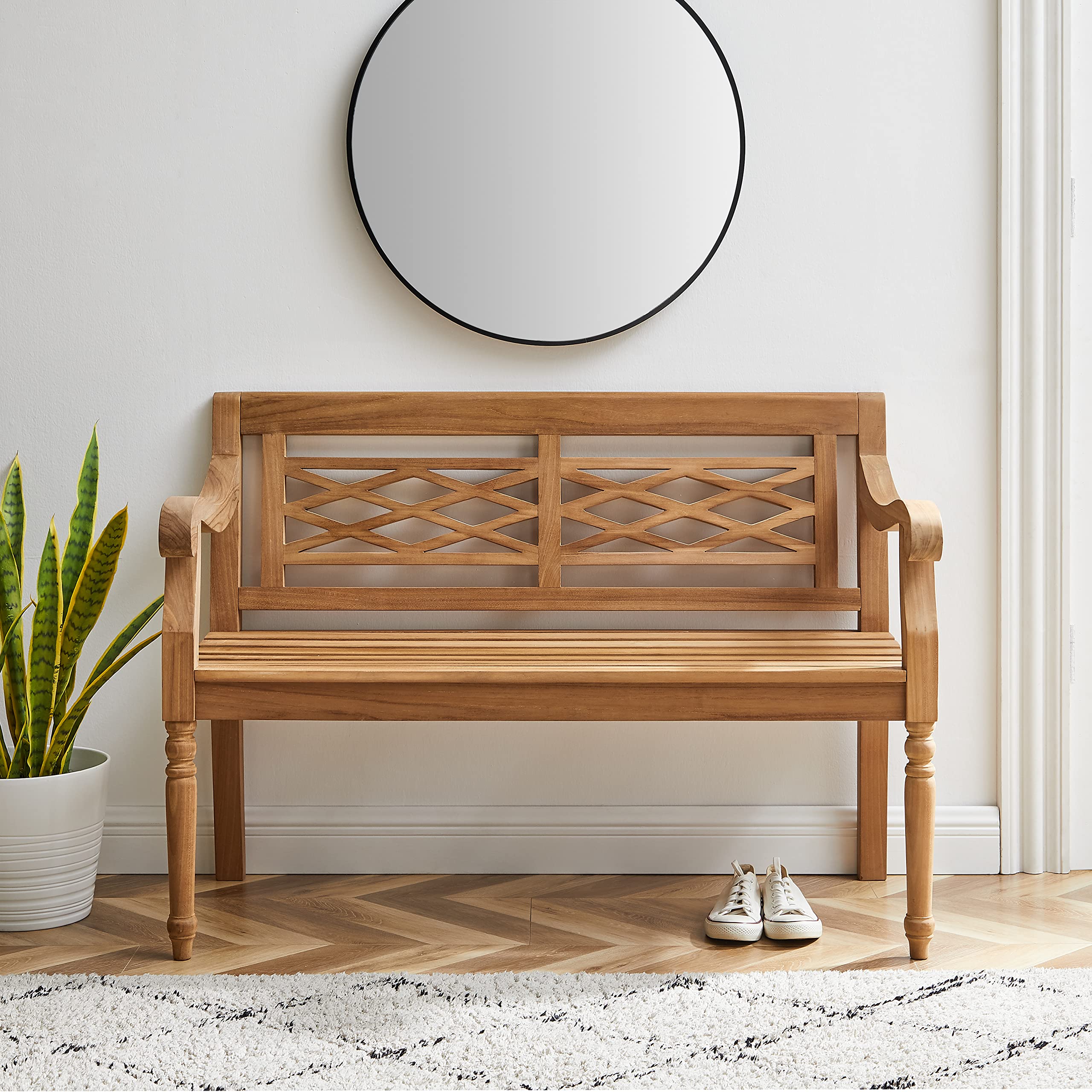 Crosley Olivier 2-Person Teak Wood Indoor Outdoor Bench - Patio, Garden, Porch Furniture - Weather-Resistant Teak Wood Bench for Outdoor Seating & Relaxation