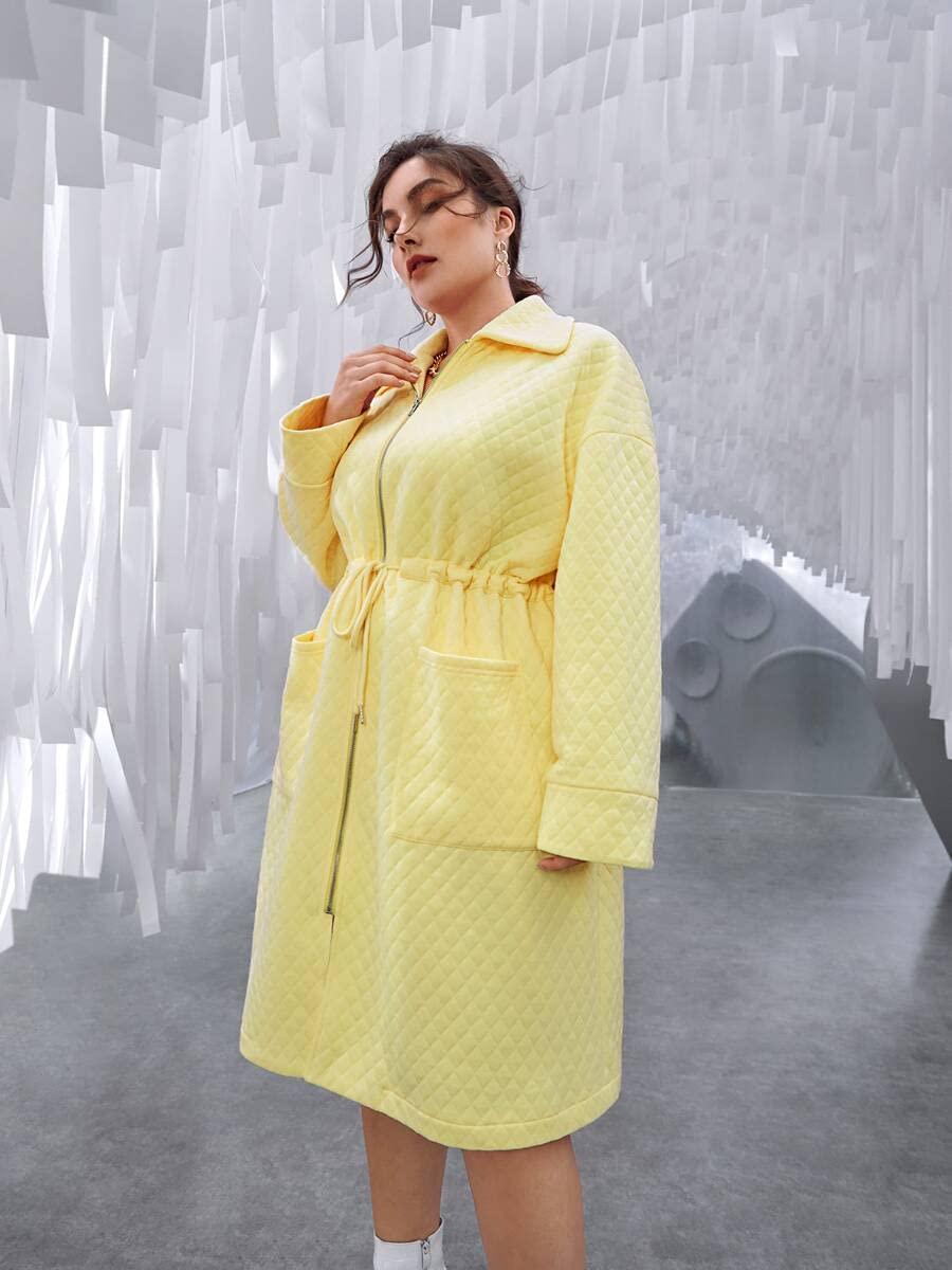 TINMIIR Plus Drop Shoulder Drawstring Waist Pocket Quilted Coat - Yellow 0XL | Winter Warm Puffer Jacket for Women, Casual Outerwear for Street Style & Outdoor Activities