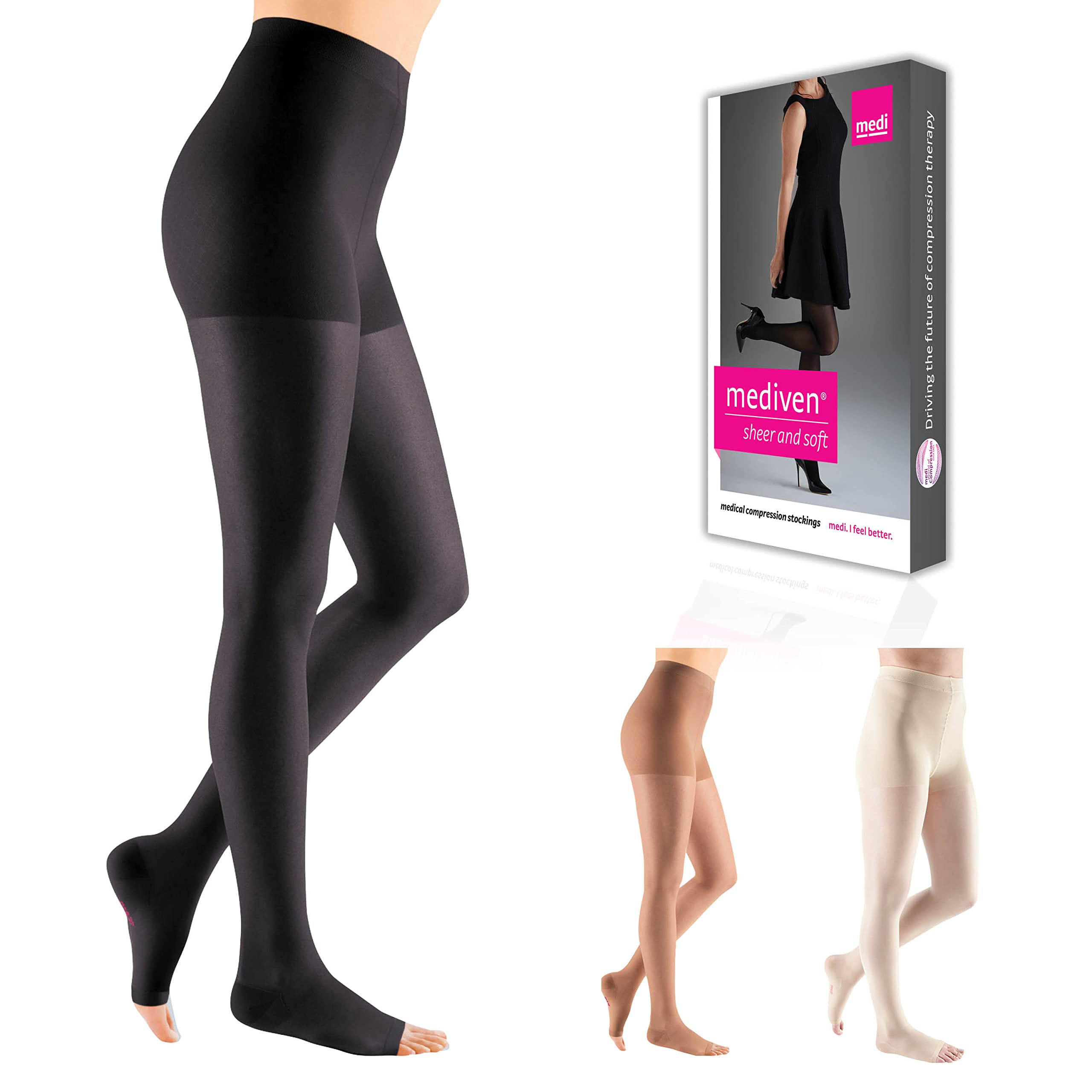 Mediven Sheer & Soft 20-30 mmHg Open Toe Compression Stockings for Women - Ebony, VII-Standard | Perfect for Varicose Veins, Swelling & Post-Surgery Recovery