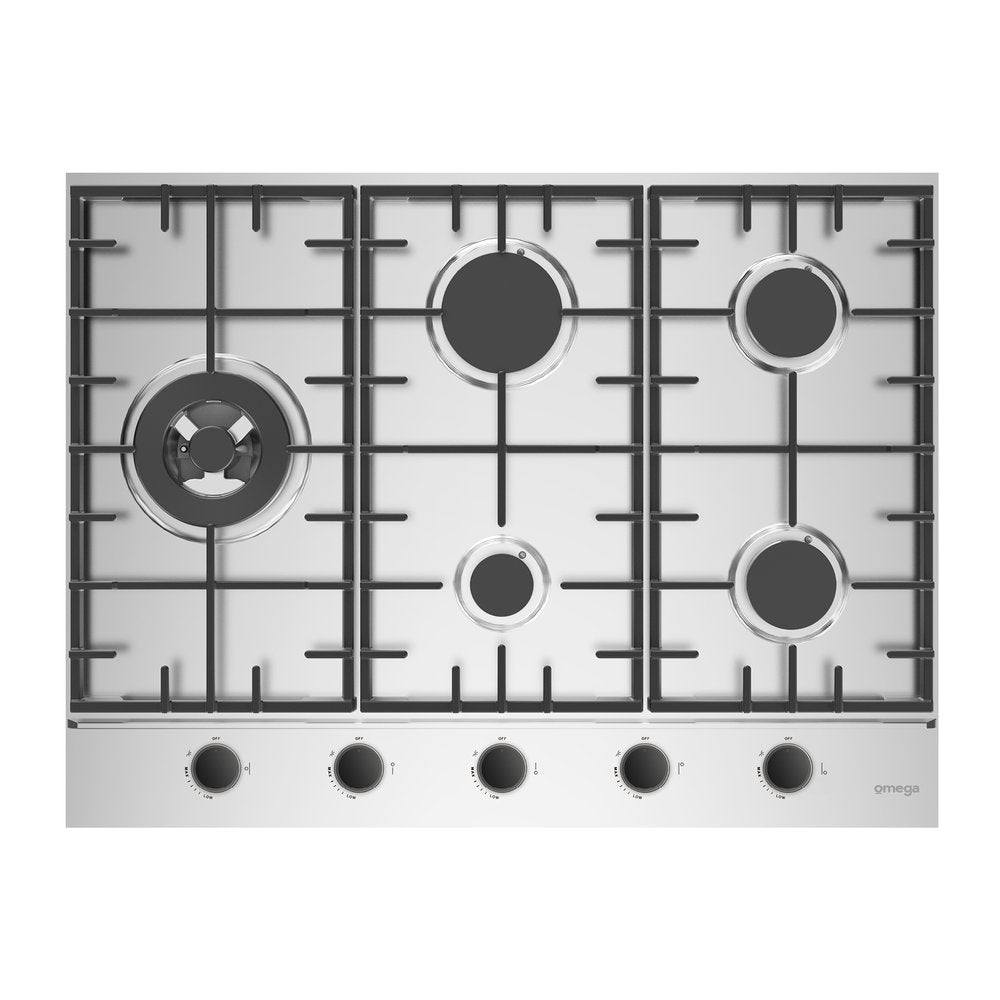 Omega OCG705WX 70cm Stainless Steel Gas Cooktop - 5 Burner, High Efficiency, Easy Clean - Perfect for Home Kitchen & Outdoor Cooking