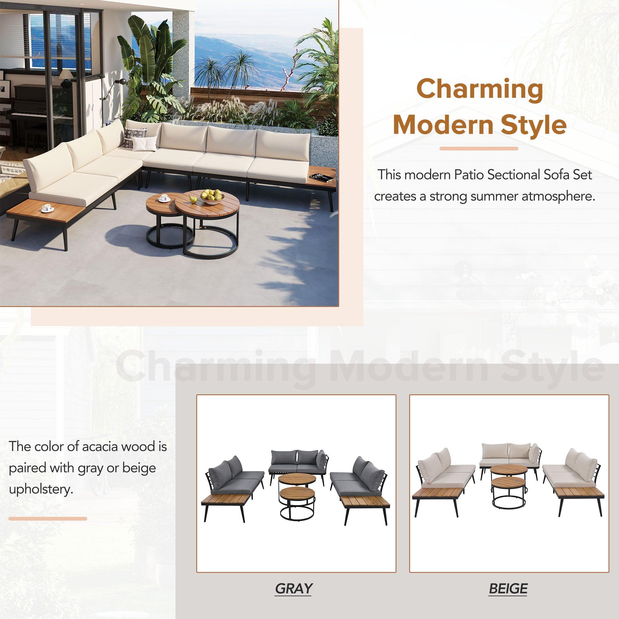 6-Piece Outdoor Sectional Sofa Set with Round Nesting Coffee Tables & Cushioned Seating - Patio, Porch, Garden Furniture for Backyard, Poolside & Outdoor Living Spaces