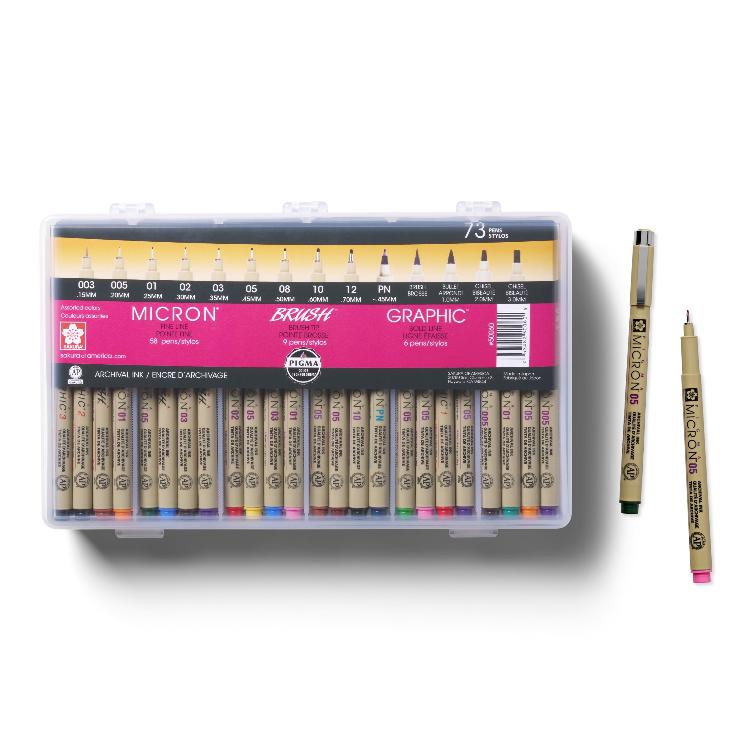 SAKURA Pigma Micron Fineliner Pens Set of 73 - Archival Quality Black & Colored Ink for Artists, Writers & Bullet Journaling - Waterproof & Fade Proof Fine Liners (0.2mm-0.8mm) with Storage Case - Perfect for Sketching, Calligraphy & Scrapbooking