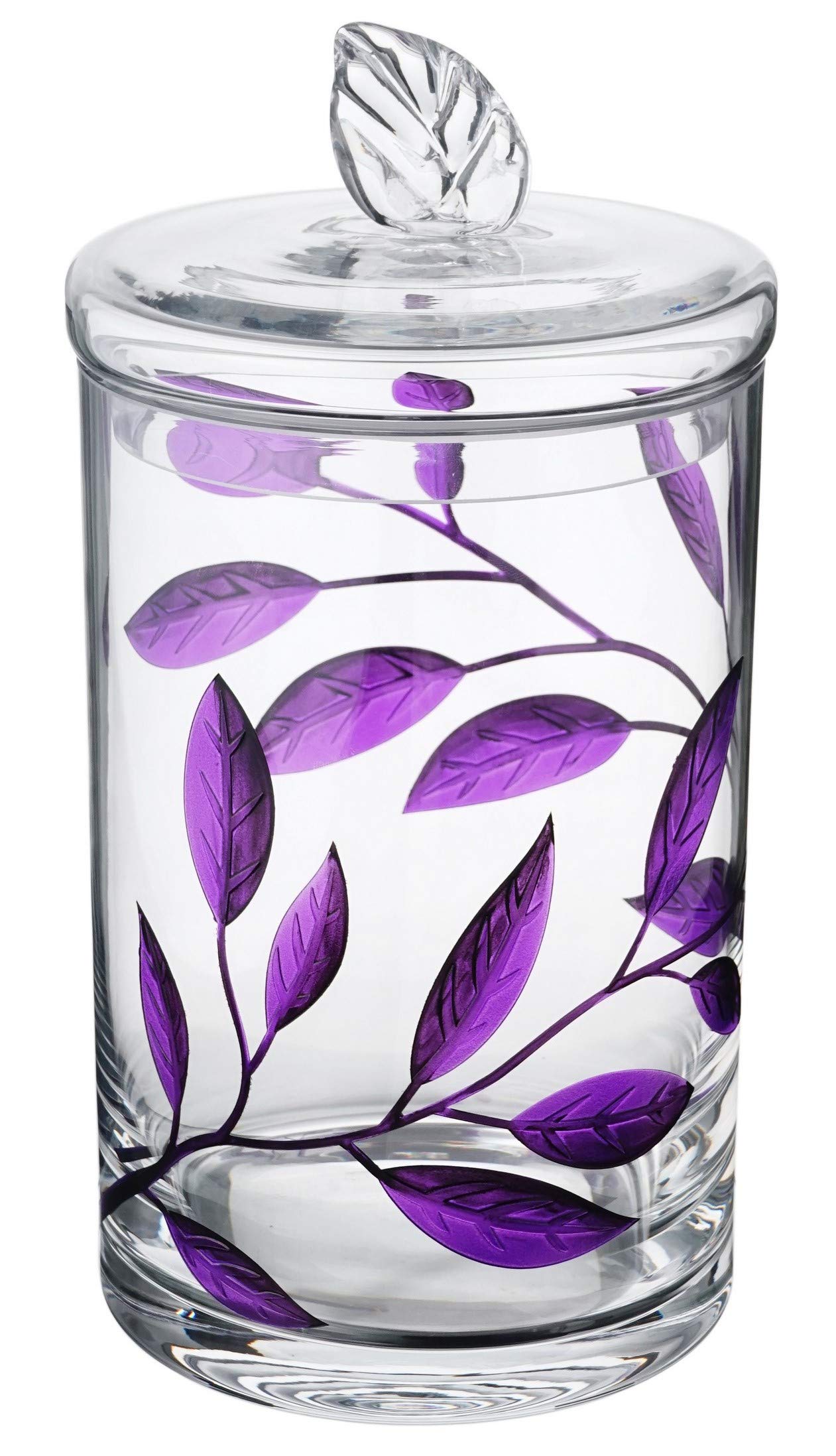Decorative Glass Storage Jar with Lid - Large 11.4 Inch (29 cm) Purple Food & Candy Display Container - Etched Leaf Design for Kitchen, Bathroom & Home Decor - Perfect for Pantry Organization, Party Treats & Bathroom Essentials