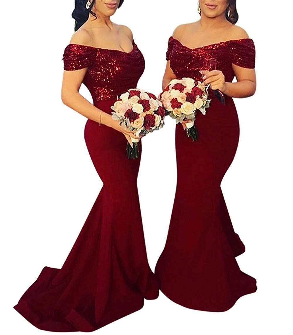 Elegant Burgundy Sequin Mermaid Bridesmaid Dress - Long Off Shoulder Formal Gown for Weddings, Prom & Special Occasions