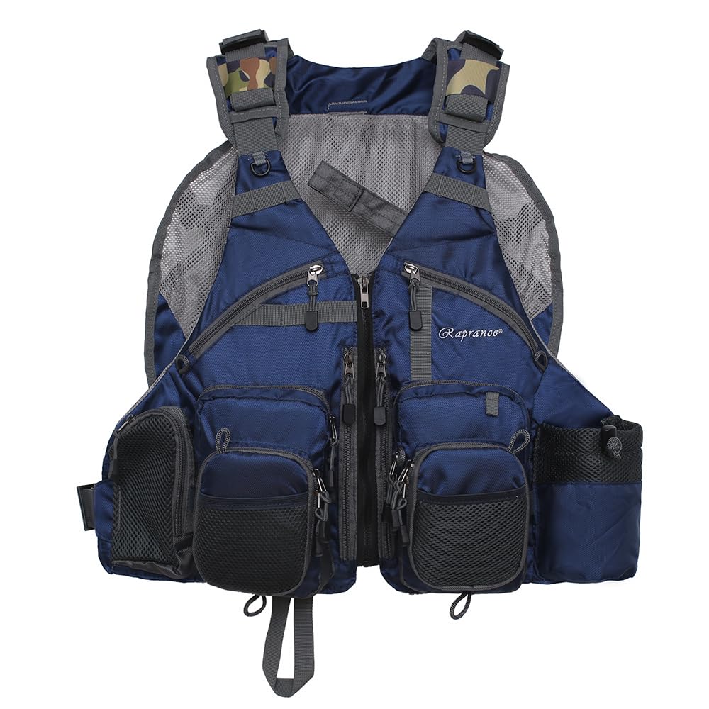 Raprance Fishing Vest for Men & Women - Lightweight Fly Bass Fishing Vest with Backpack, Adjustable & Breathable (Blue, FV01) - Perfect for Outdoor Fishing, Hiking & Camping