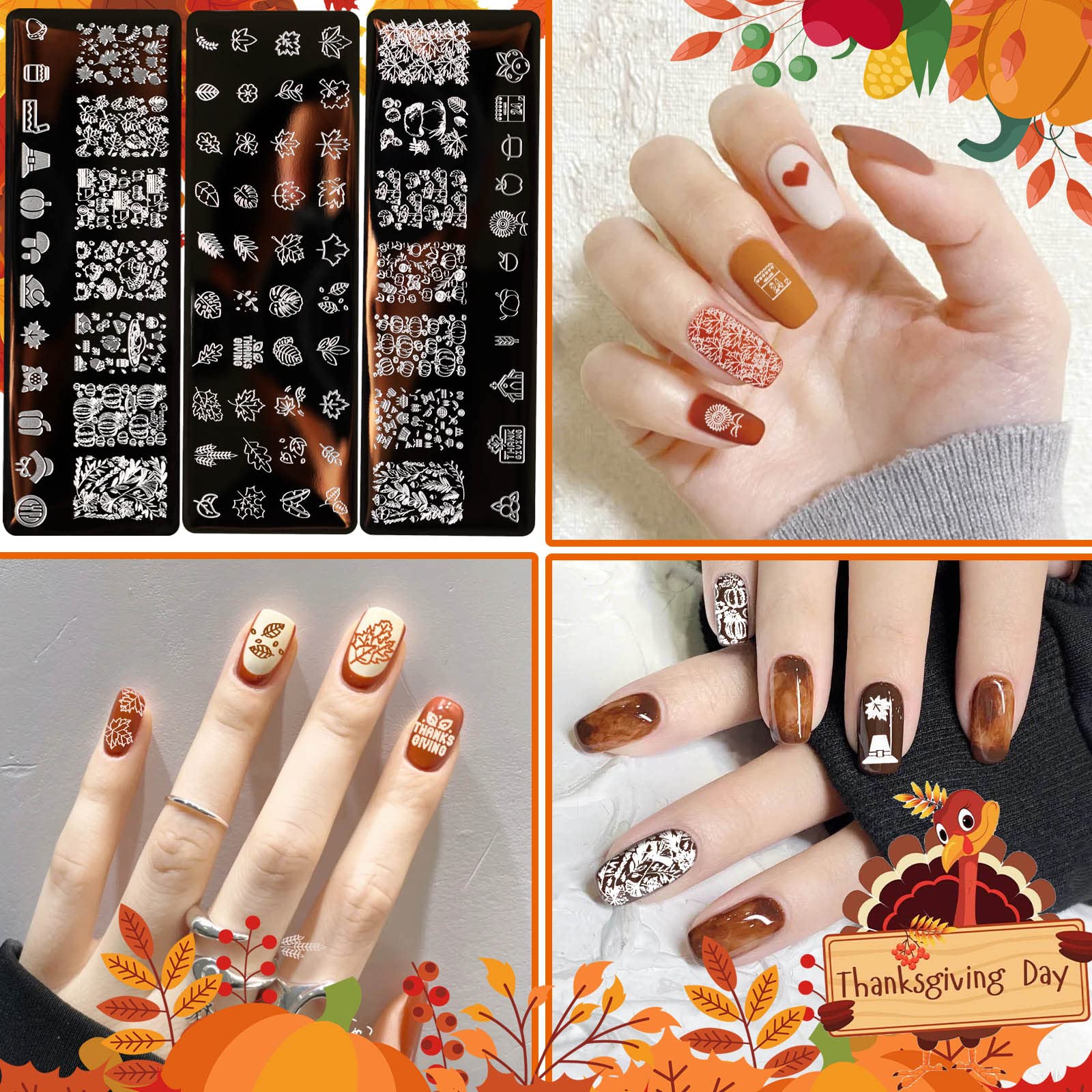10Pcs Thanksgiving Nail Stamping Plate Kit - Fall Nail Art Templates with 2 Stampers & 2 Scrapers - Pumpkin Turkey Maple Leaf Designs for Women & Kids - Perfect for Holiday Parties, DIY Nail Art & Seasonal Decorations